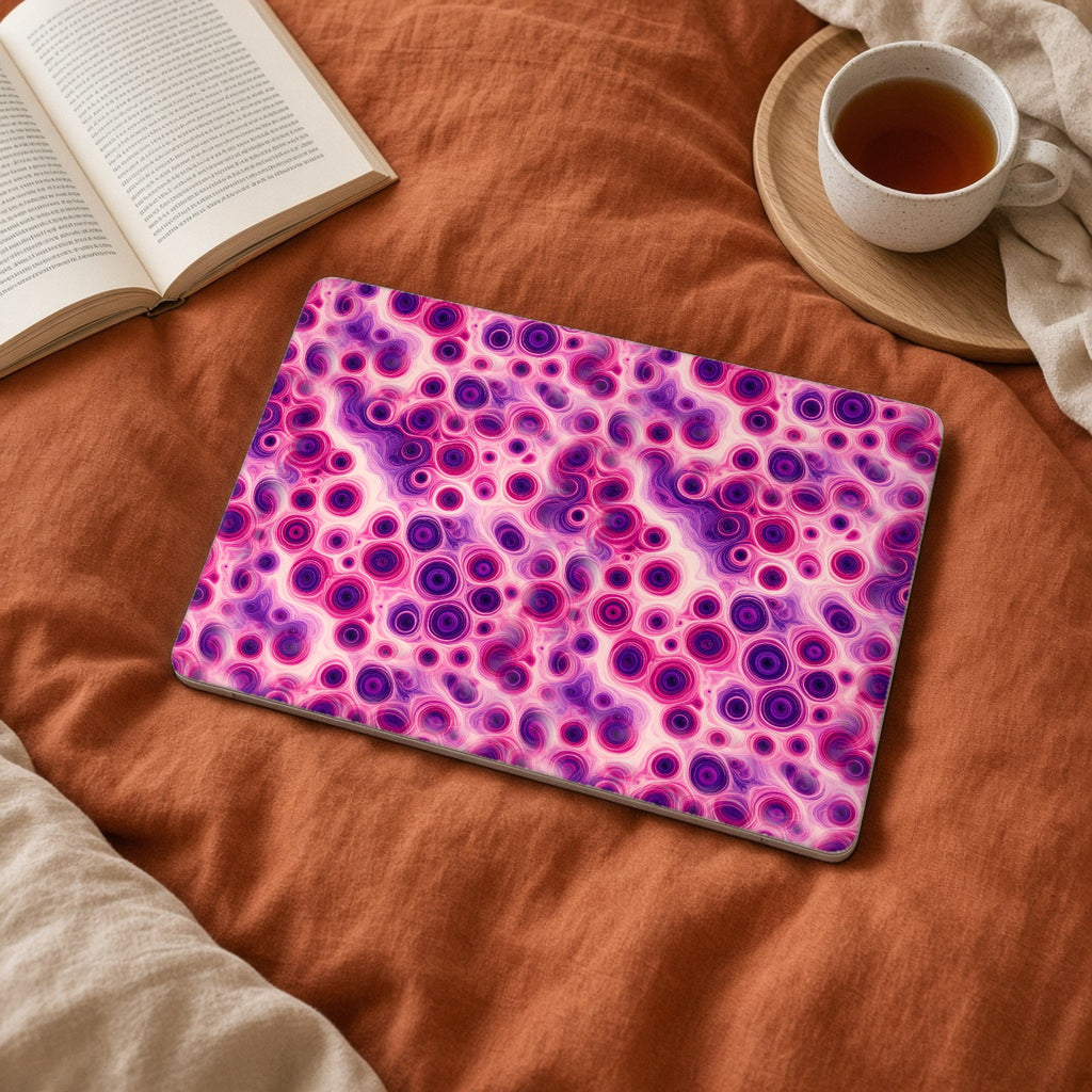 Berry Puddle Pour matte MacBook case on a laptop on rust linen bedding