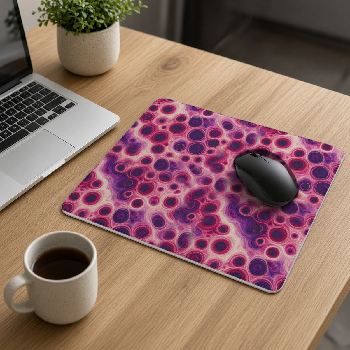 Berry Puddle Pour vegan leather mouse mat on an oak desk with a laptop, mouse and coffee