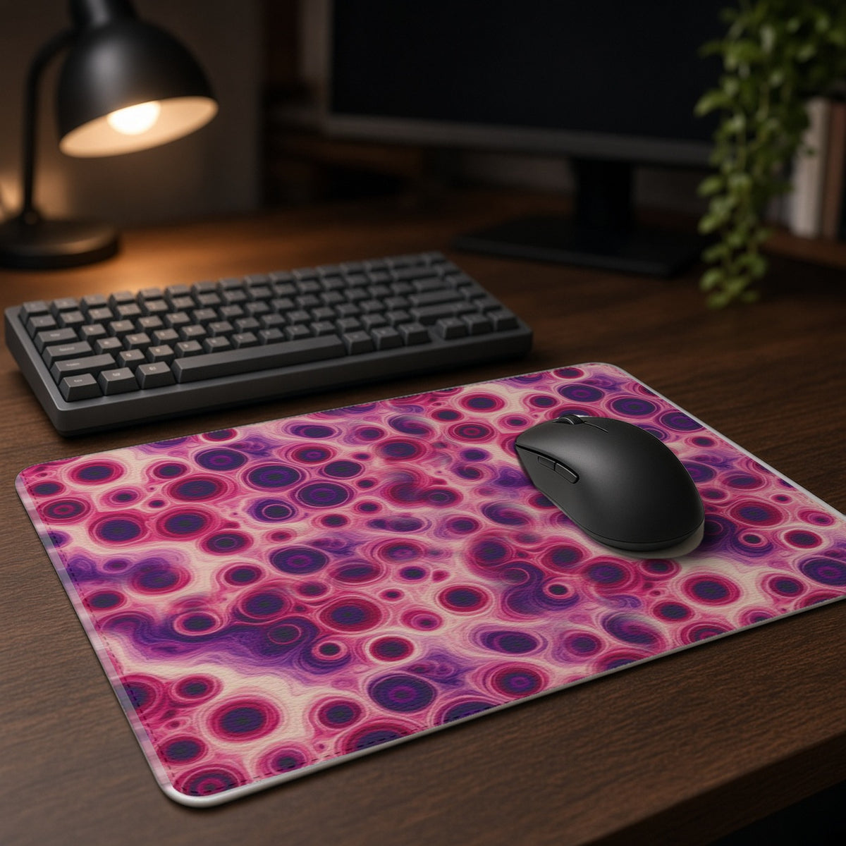 Berry Puddle Pour vegan leather mouse mat on a dark wood desk with keyboard and lamp