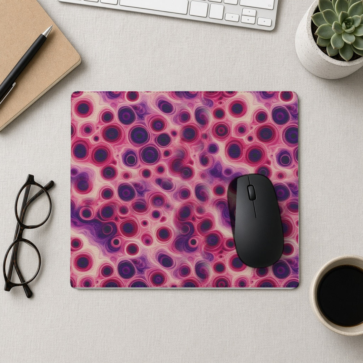 Berry Puddle Pour vegan leather mouse mat from above with a mouse, notebook and glasses
