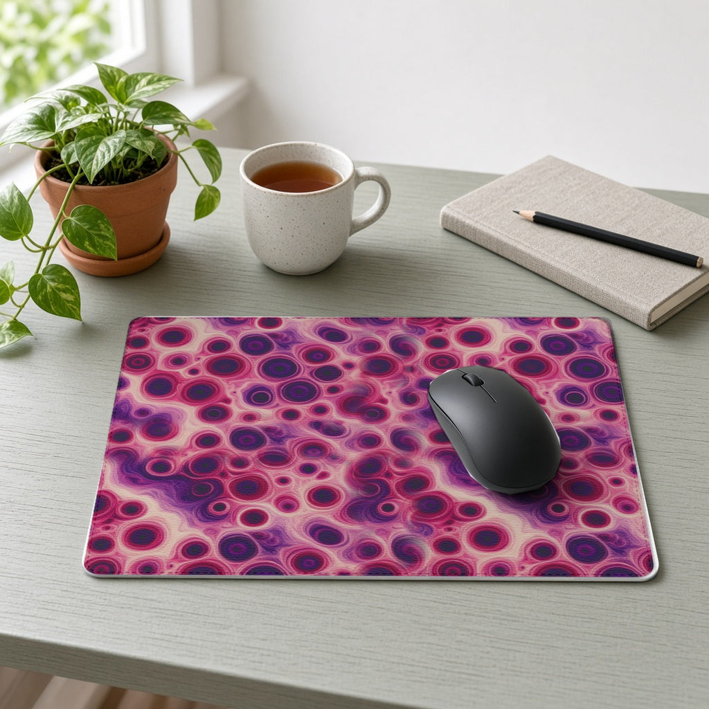 Berry Puddle Pour vegan leather mouse mat on a sage-green desk with a plant, tea and notebook