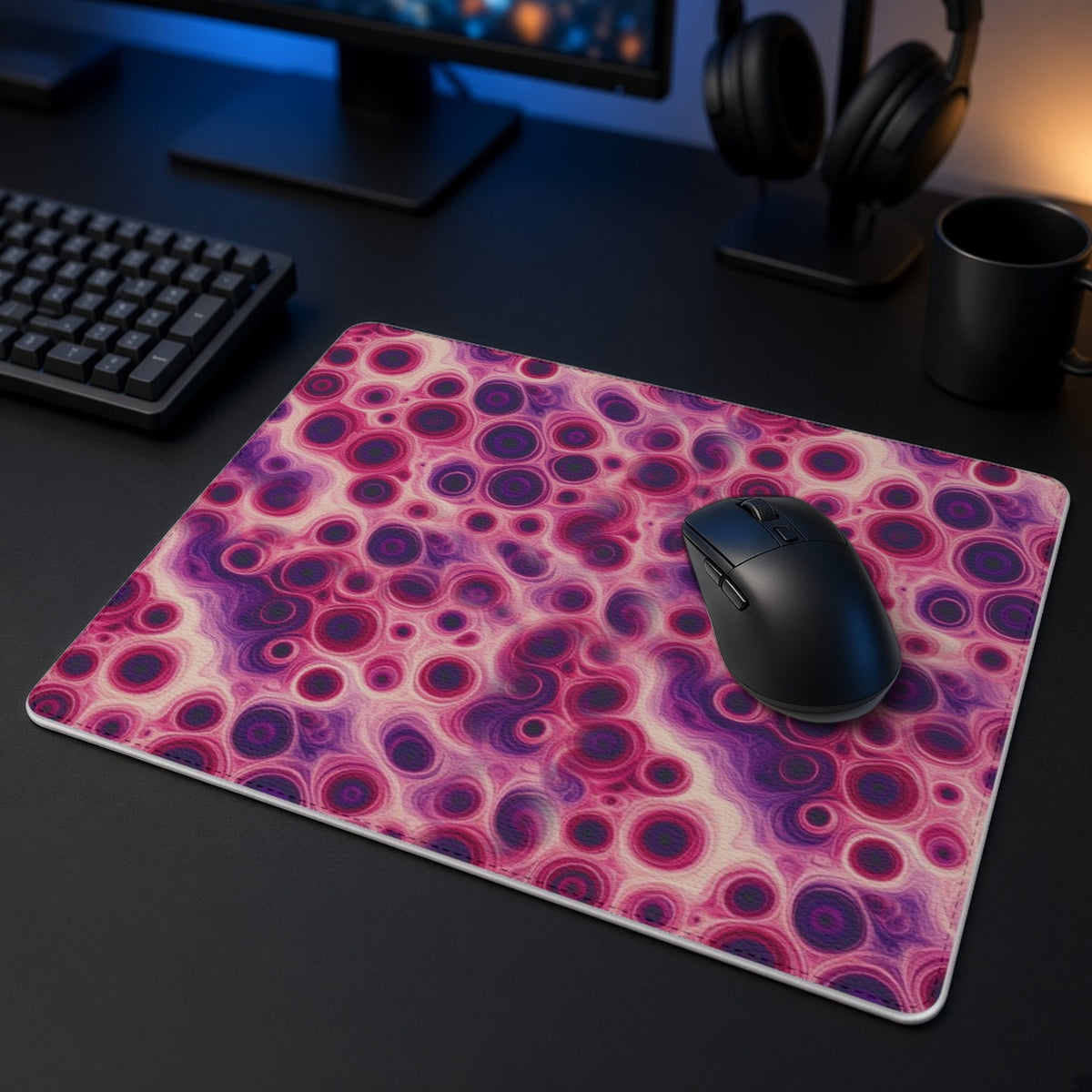 Berry Puddle Pour vegan leather mouse mat in a dark gaming desk setup with headphones