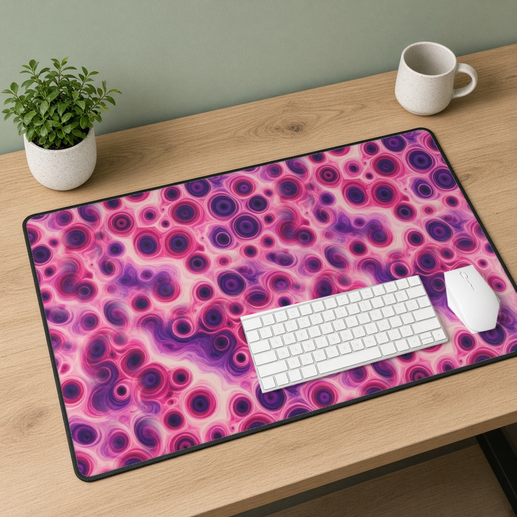 Berry Puddle Pour desk mat on a sage-walled desk with a white keyboard and mouse