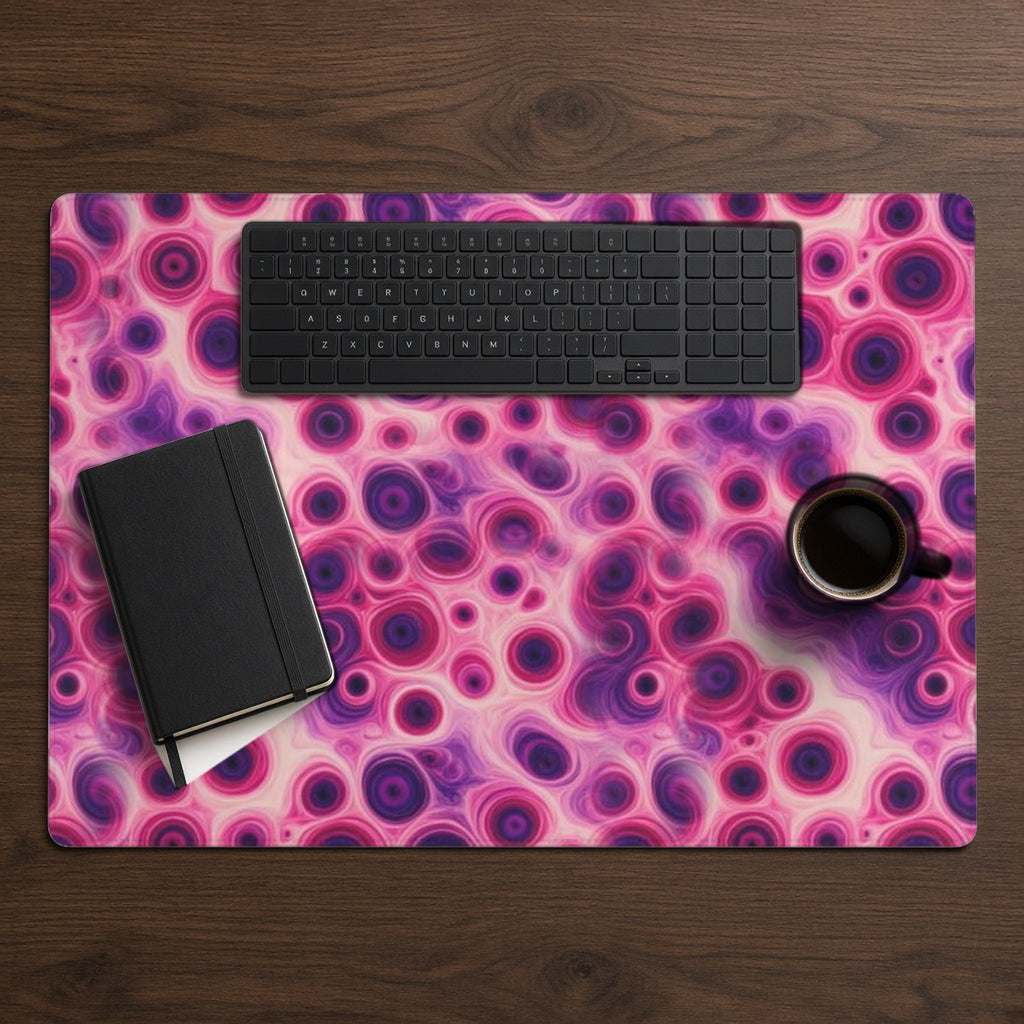 Berry Puddle Pour desk mat from above on walnut with a black keyboard, notebook and coffee