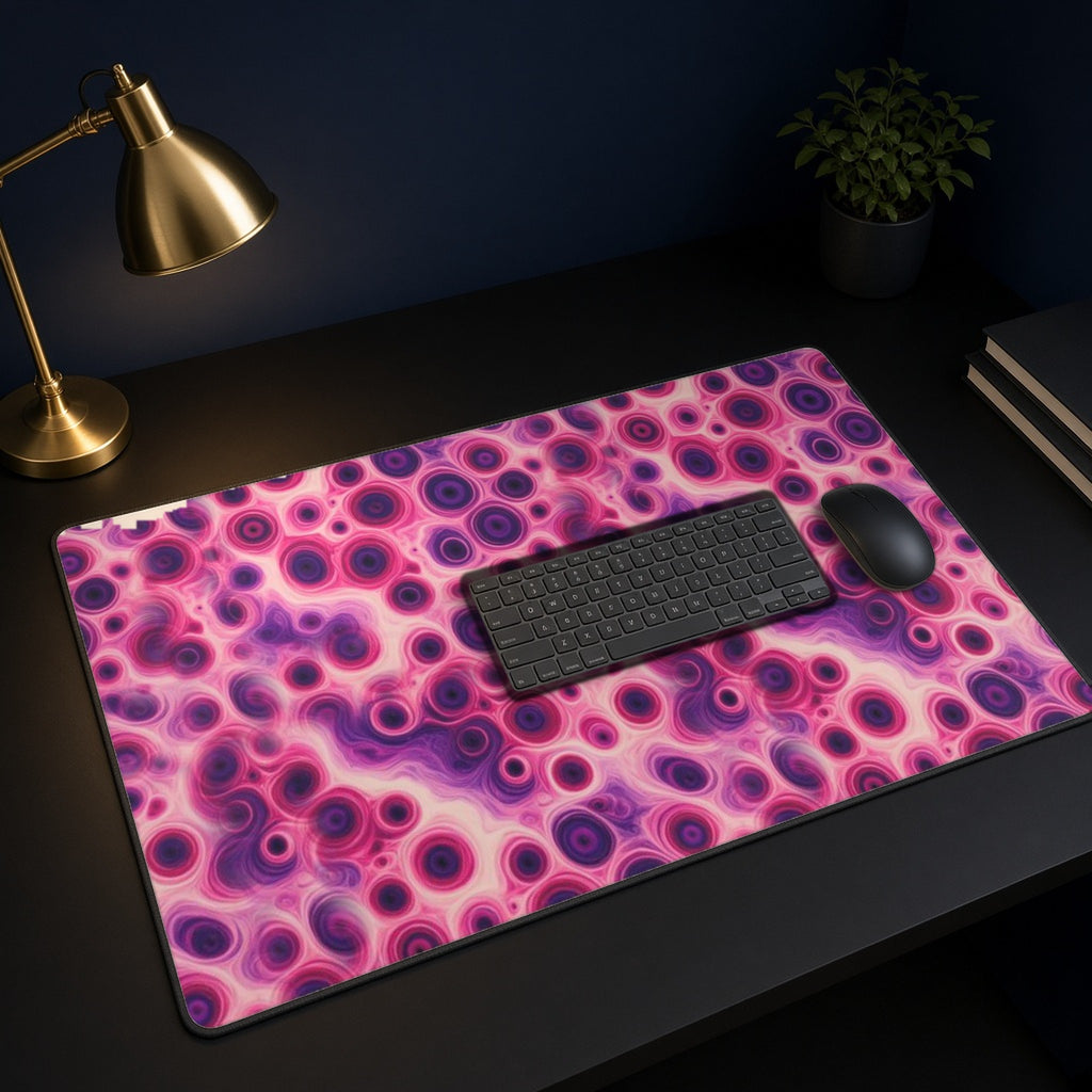 Berry Puddle Pour desk mat on a black desk with a keyboard, mouse and brass lamp