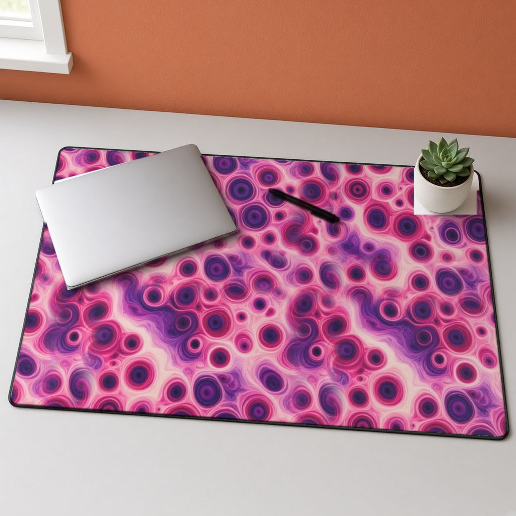 Berry Puddle Pour desk mat on a grey desk with a laptop and a plant