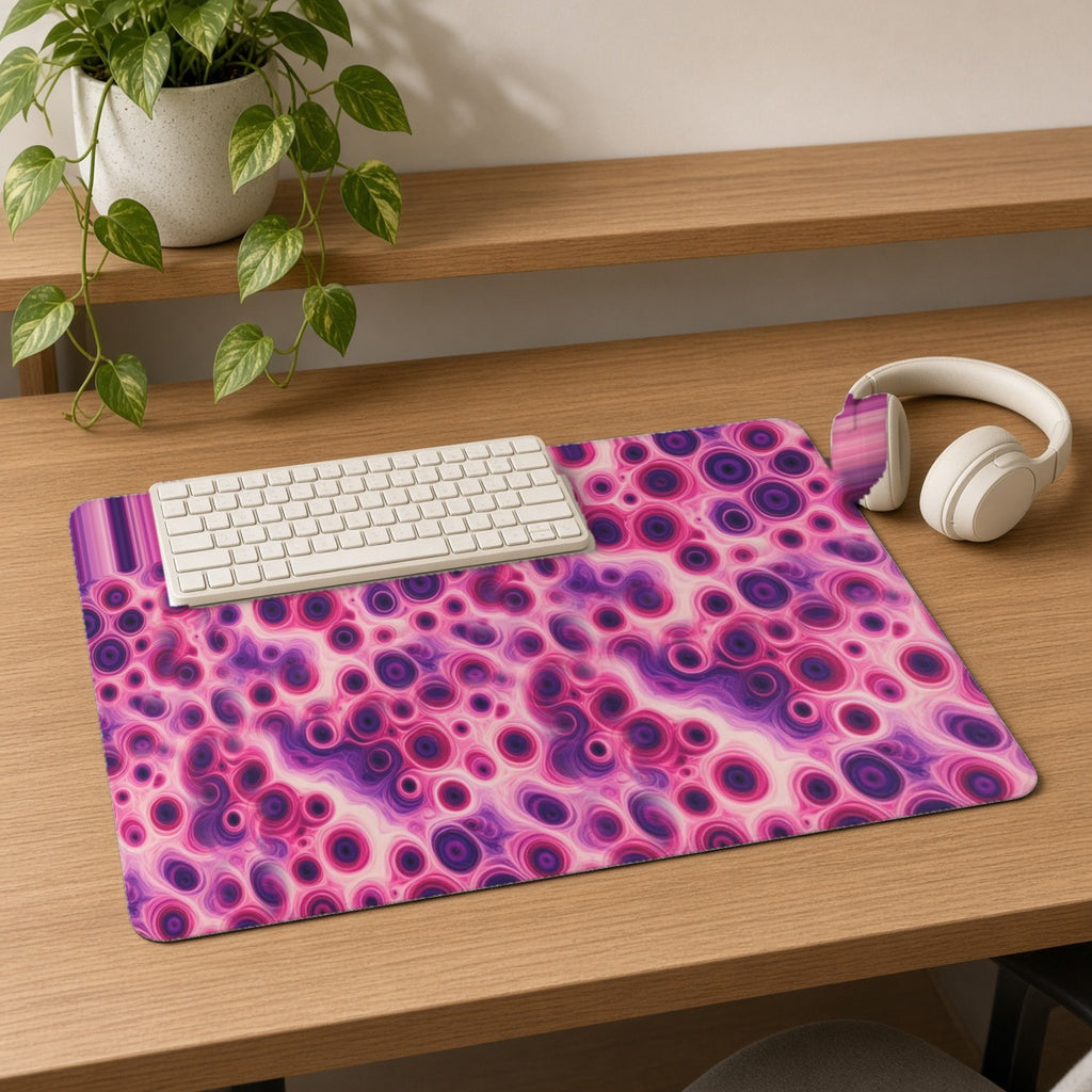 Berry Puddle Pour desk mat on an oak desk with a cream keyboard and headphones