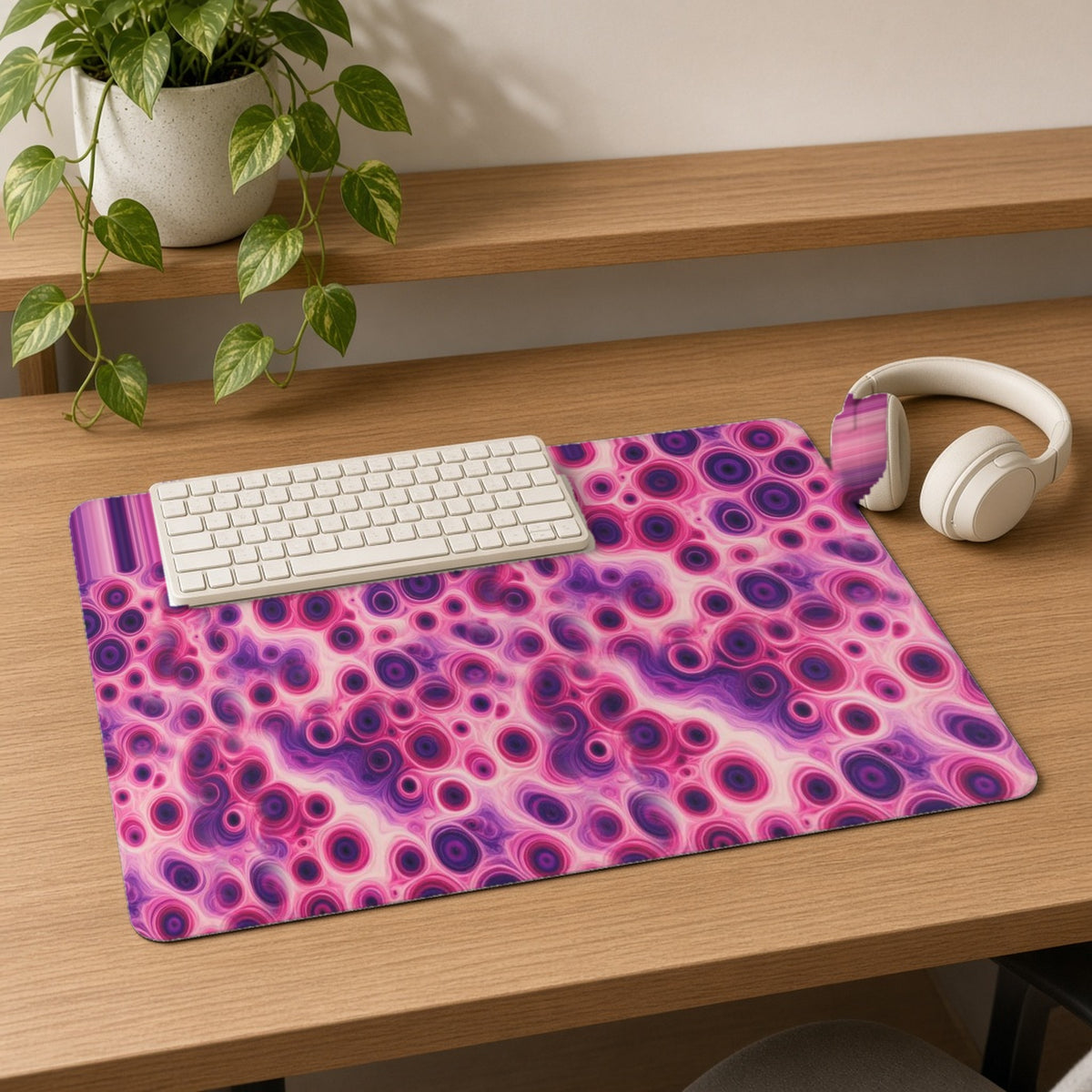 Berry Puddle Pour desk mat on an oak desk with a cream keyboard and headphones