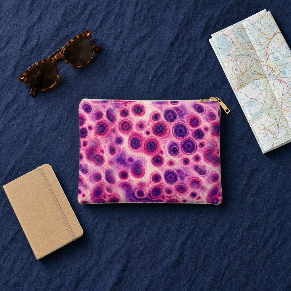 Berry Puddle Pour zip accessory pouch on navy linen with sunglasses, a notebook and map