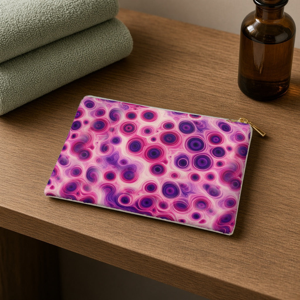 Berry Puddle Pour zip accessory pouch on a wooden shelf with towels and an amber bottle