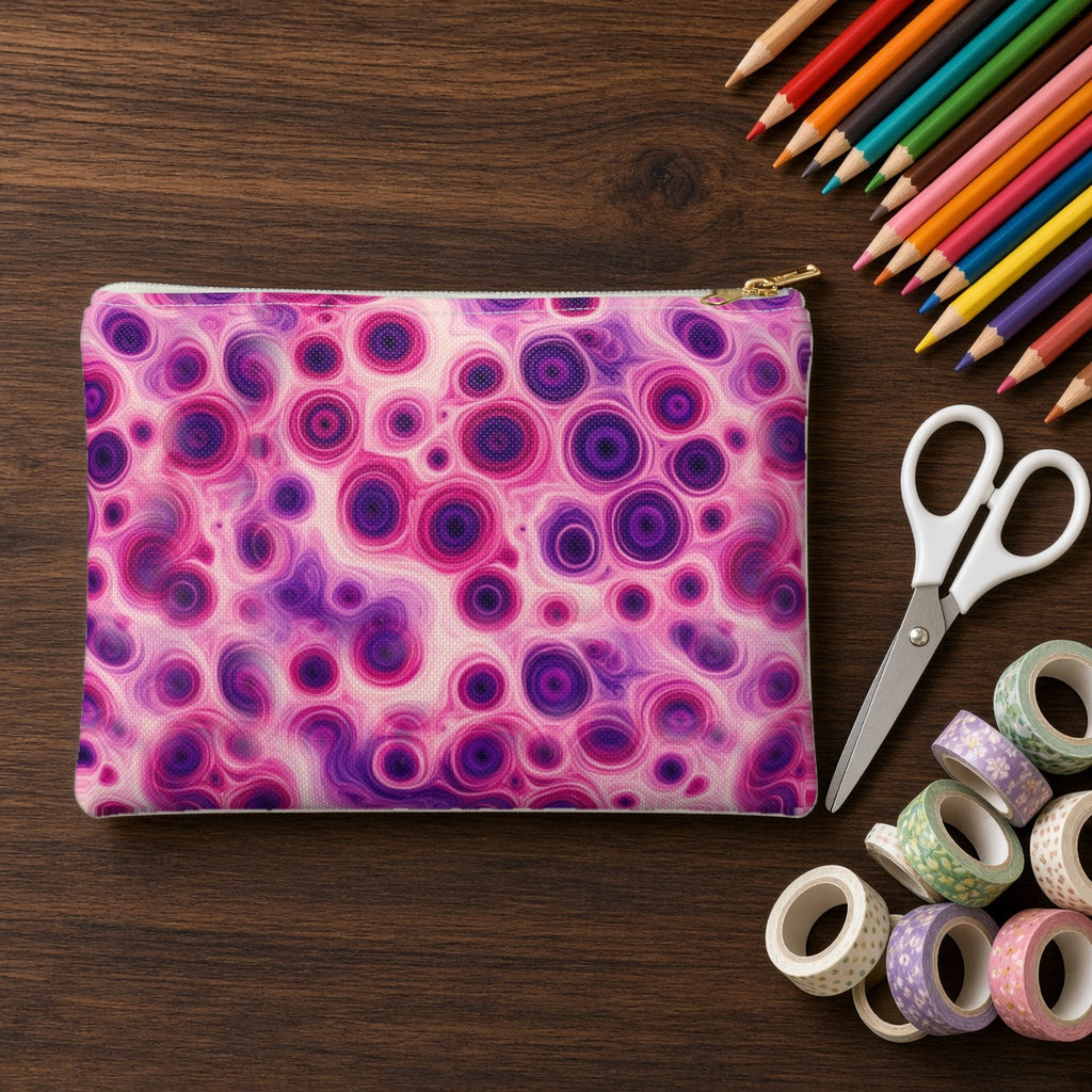 Berry Puddle Pour zip accessory pouch on a walnut desk with coloured pencils and washi tape