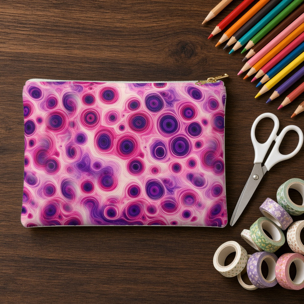Berry Puddle Pour zip accessory pouch on a walnut desk with coloured pencils and washi tape