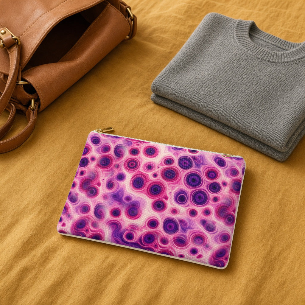 Berry Puddle Pour zip accessory pouch on a mustard bedspread with a leather bag and jumper