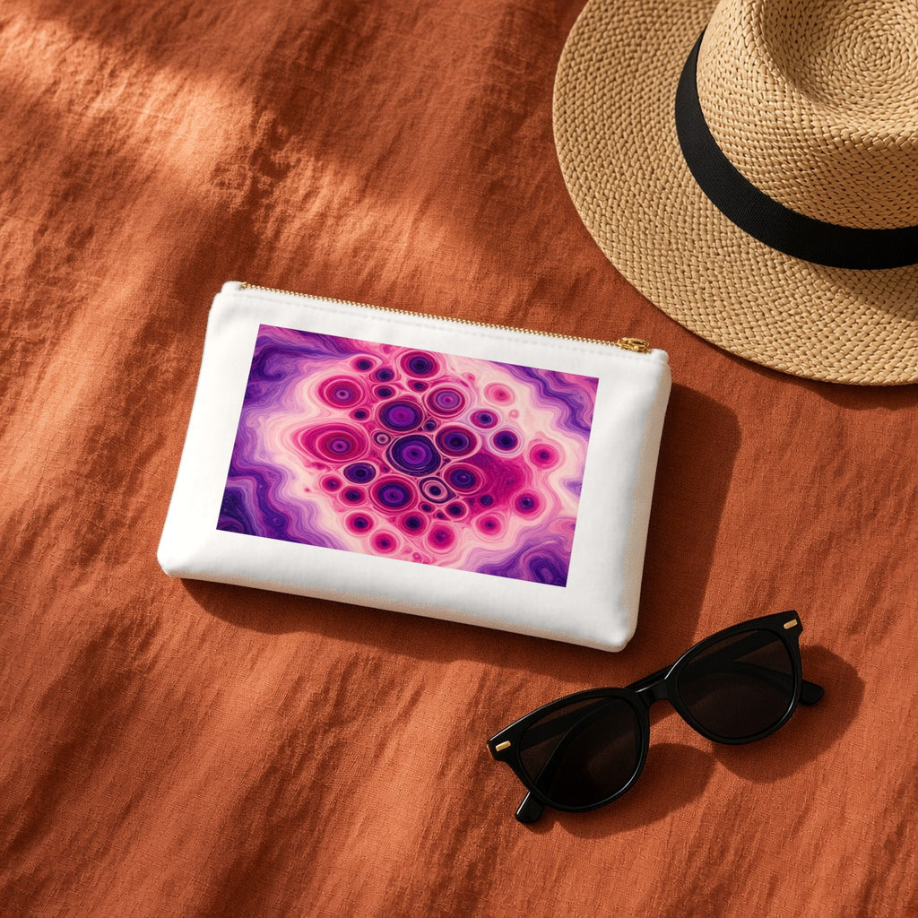 Berry Puddle Pour canvas cosmetic bag on terracotta linen with a sun hat and sunglasses