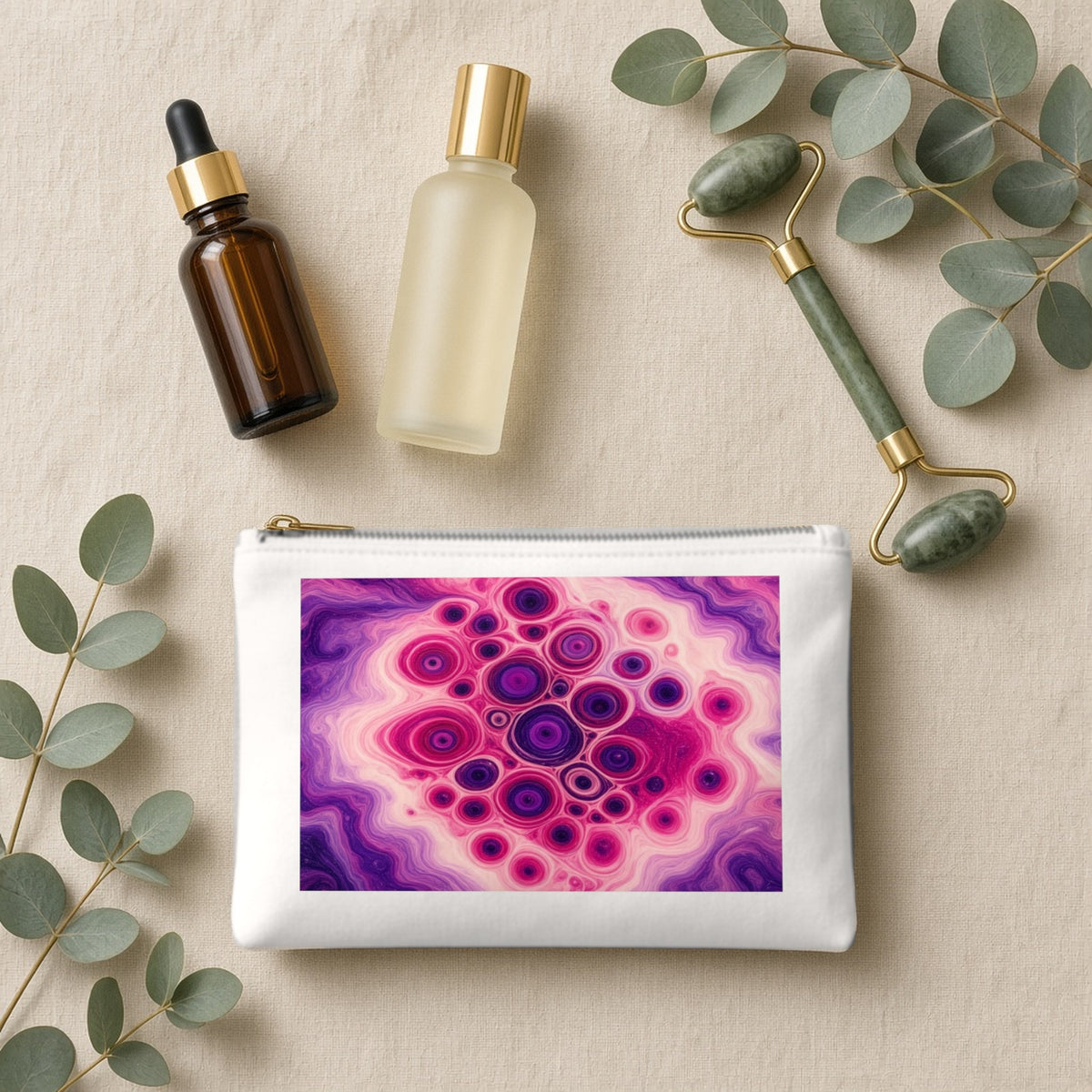 Berry Puddle Pour canvas cosmetic bag on beige linen with skincare bottles