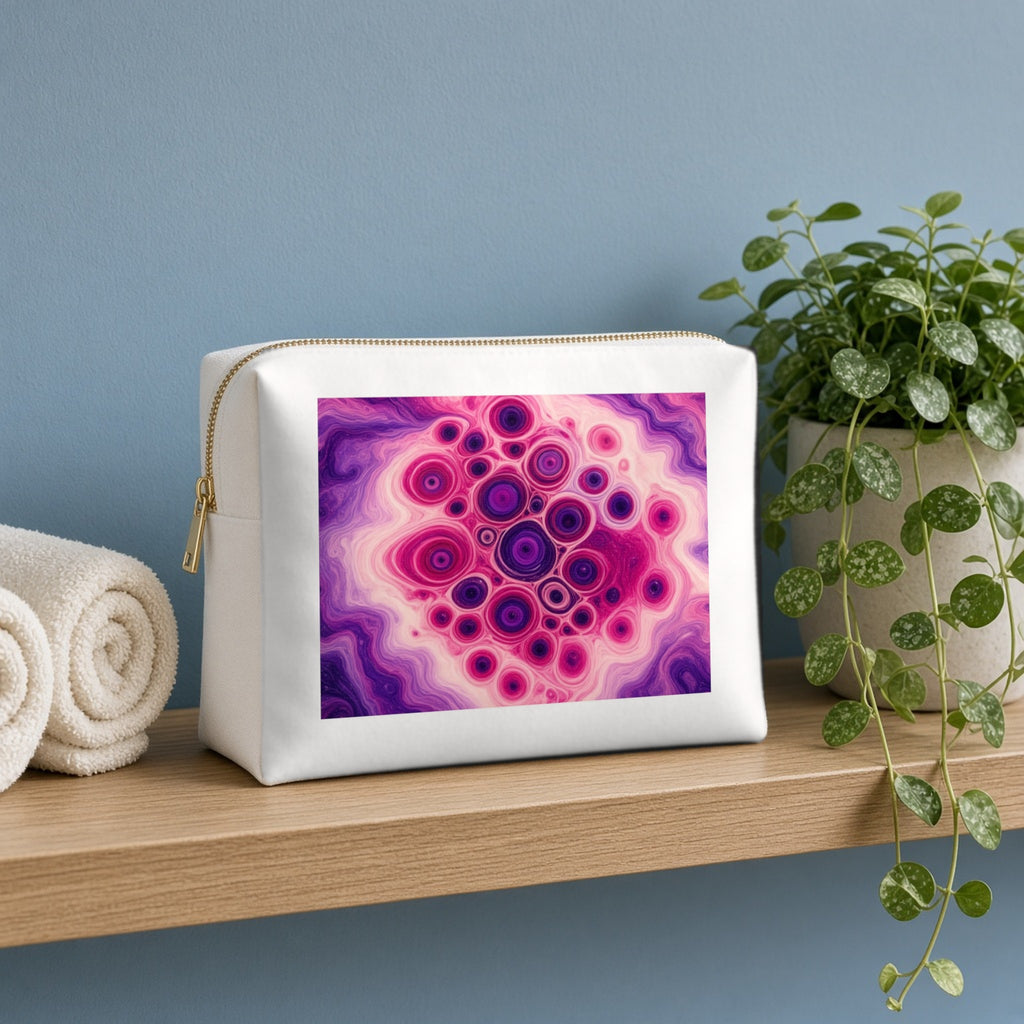 Berry Puddle Pour canvas cosmetic bag on a wooden shelf against a blue wall with towels and a plant