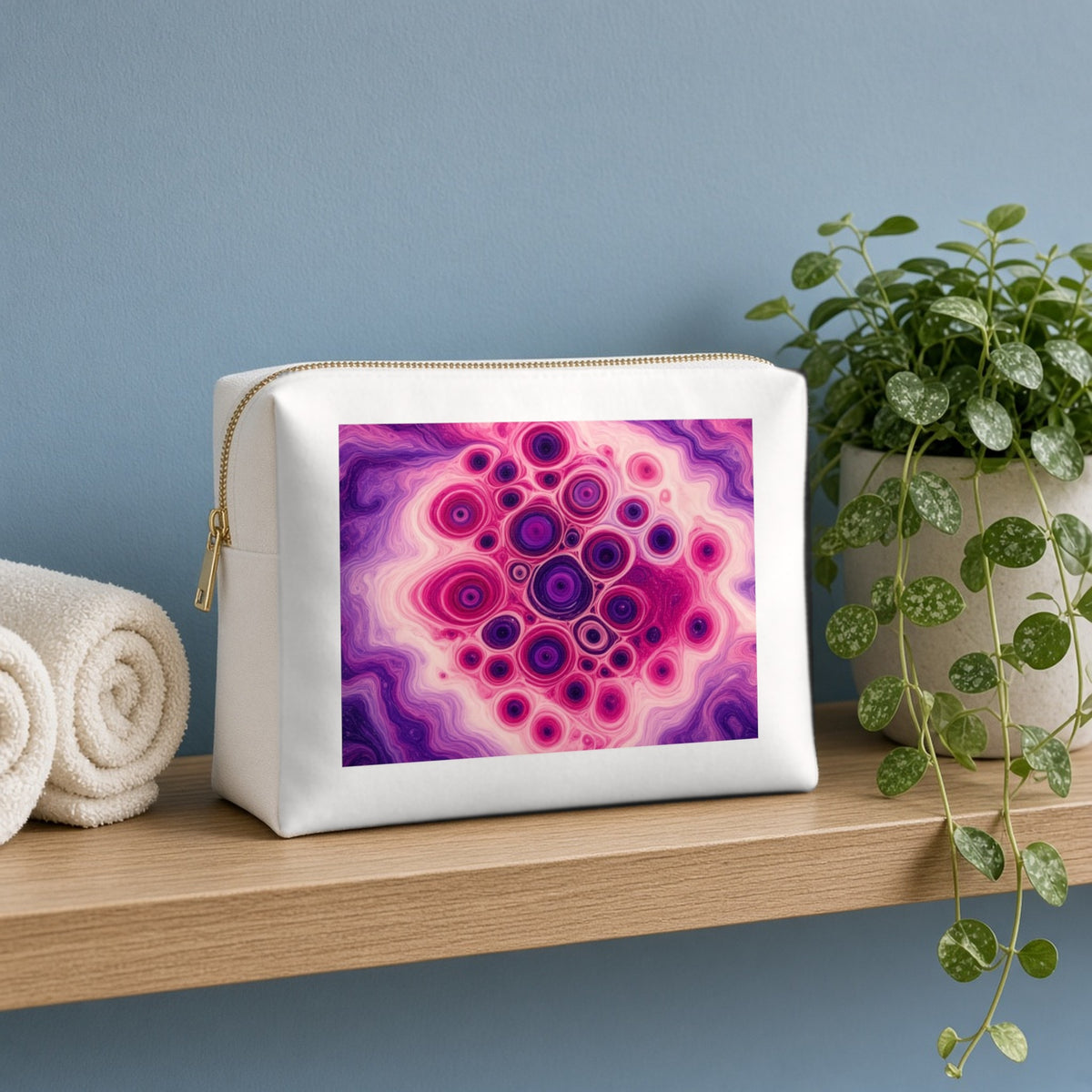 Berry Puddle Pour canvas cosmetic bag on a wooden shelf against a blue wall with towels and a plant