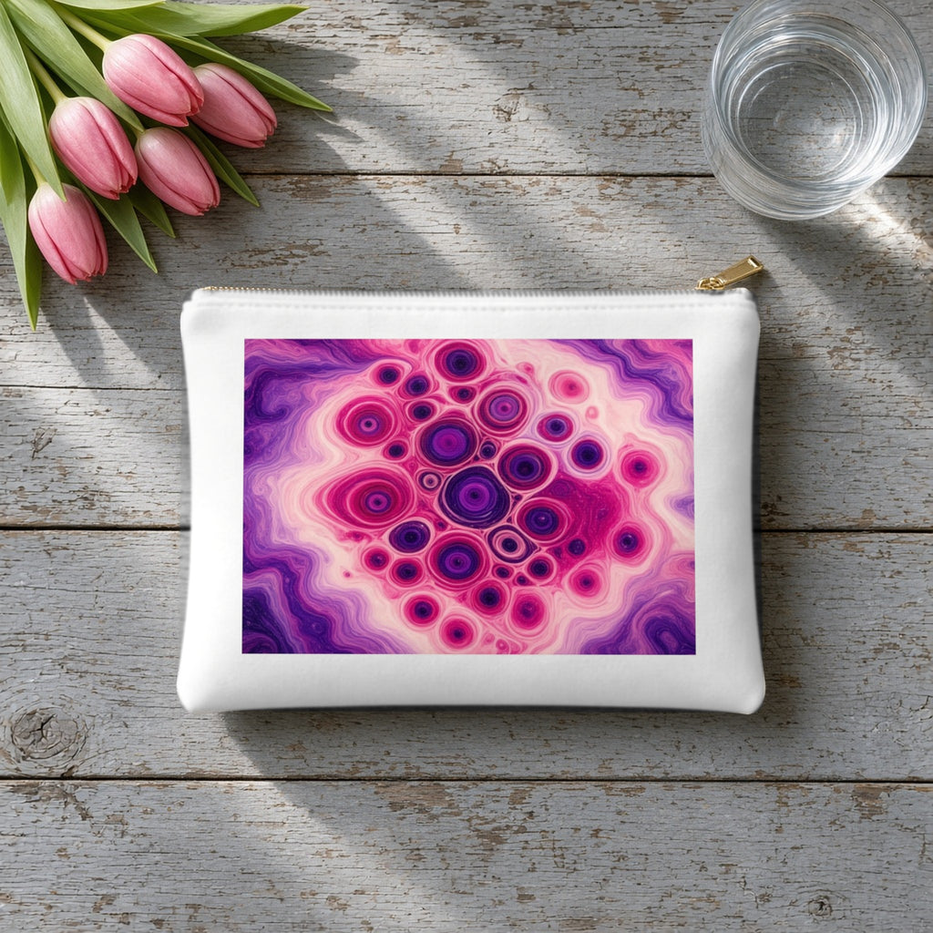 Berry Puddle Pour canvas cosmetic bag on grey wood with tulips