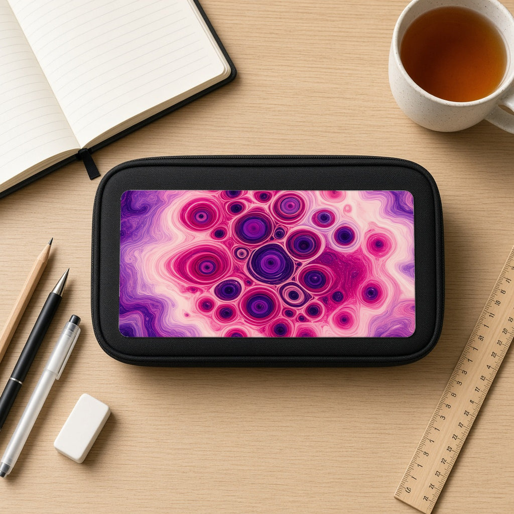 Berry Puddle Pour pencil case on a wooden desk with notebook, pens and a cup of tea