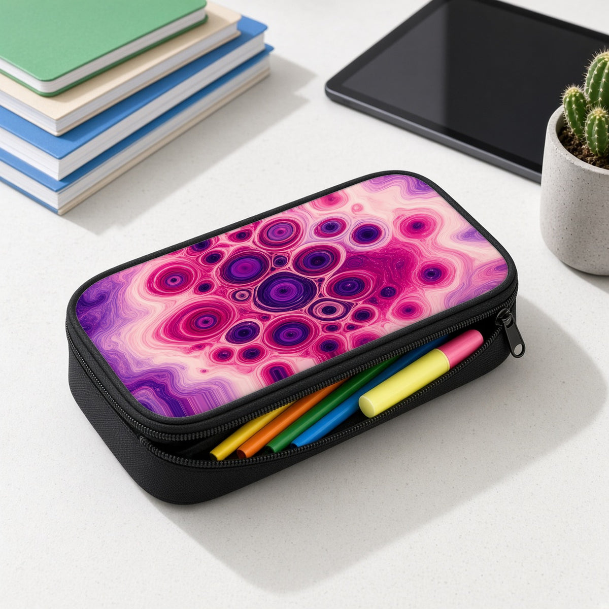 Berry Puddle Pour pencil case open with colourful pens and highlighters on a white desk
