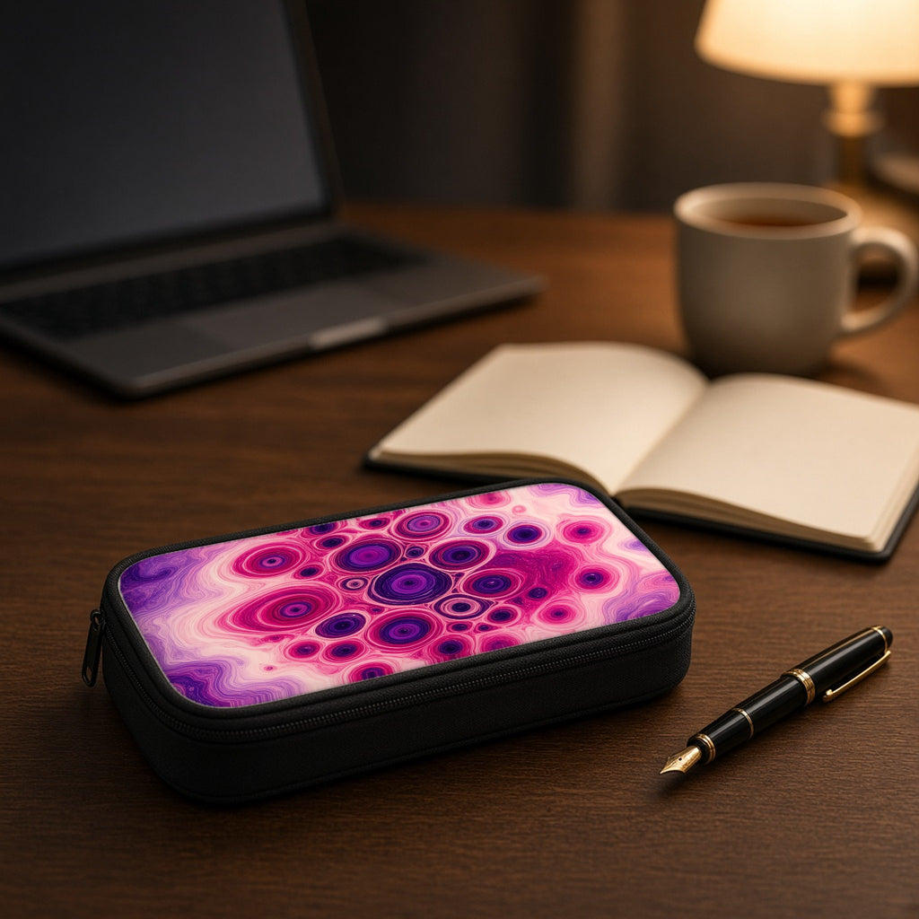 Berry Puddle Pour pencil case on a wooden desk beside an open notebook and fountain pen
