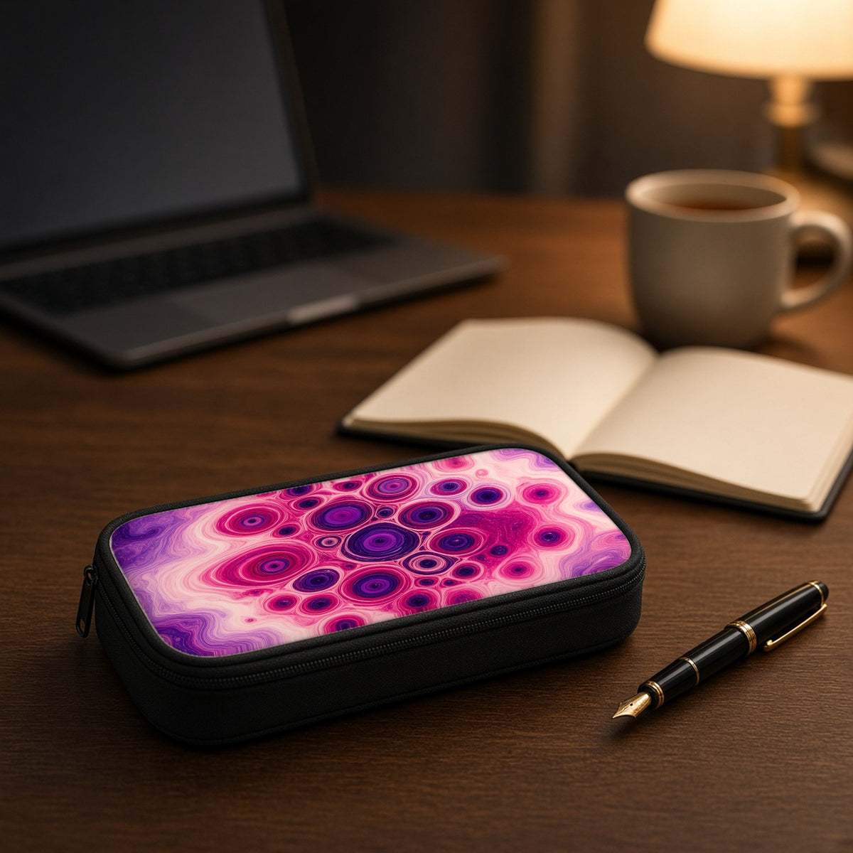 Berry Puddle Pour pencil case on a wooden desk beside an open notebook and fountain pen