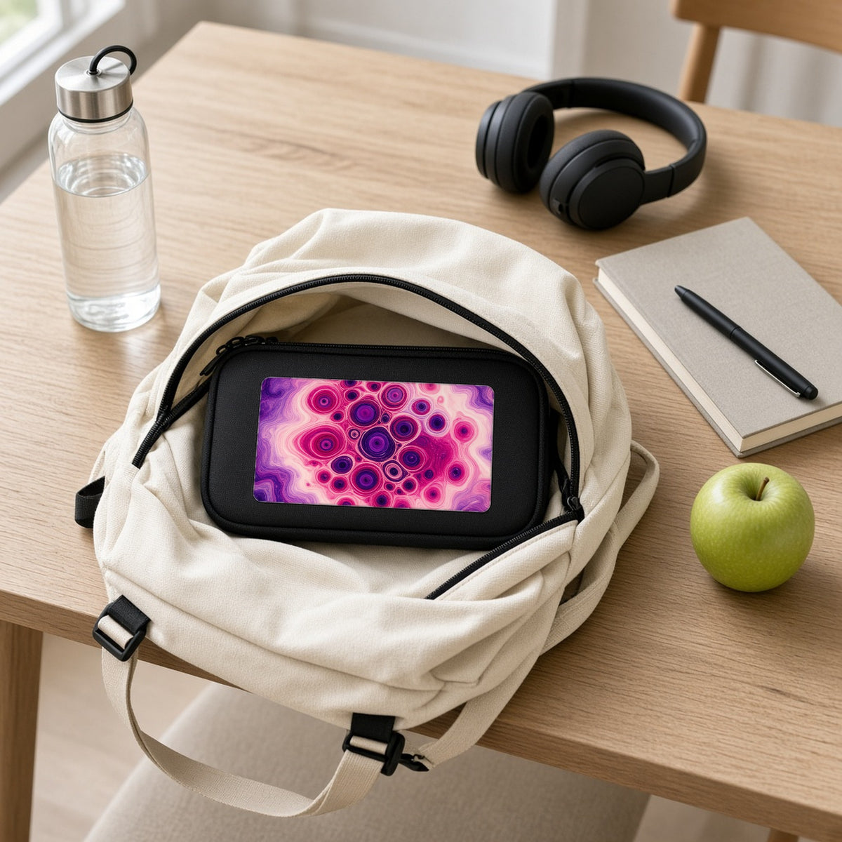 Berry Puddle Pour pencil case packed in a school backpack with headphones and an apple