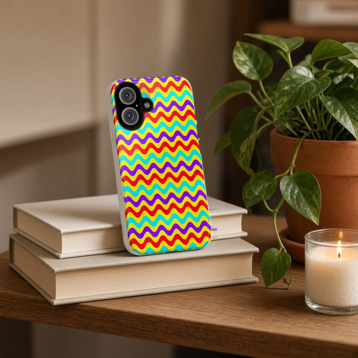 Big Ripple Chevrons tough phone case propped on a stack of books beside a plant and candle