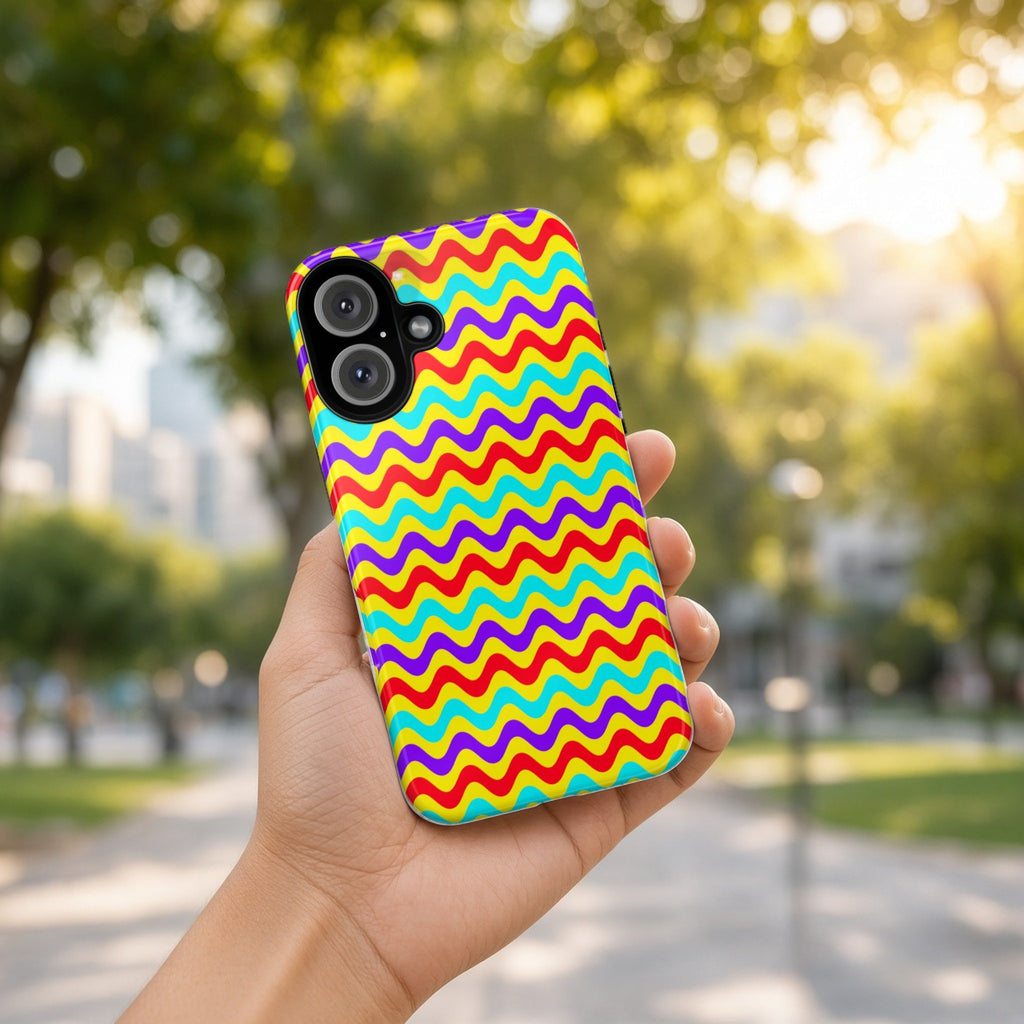 Hand holding the Big Ripple Chevrons tough phone case outdoors in a sunny park
