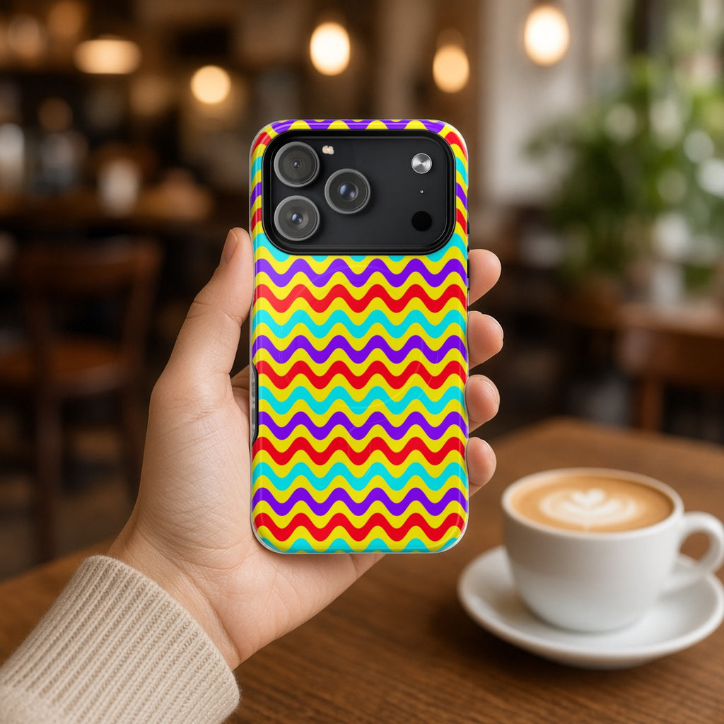 Hand holding the Big Ripple Chevrons magnetic iPhone case in a cafe beside a latte