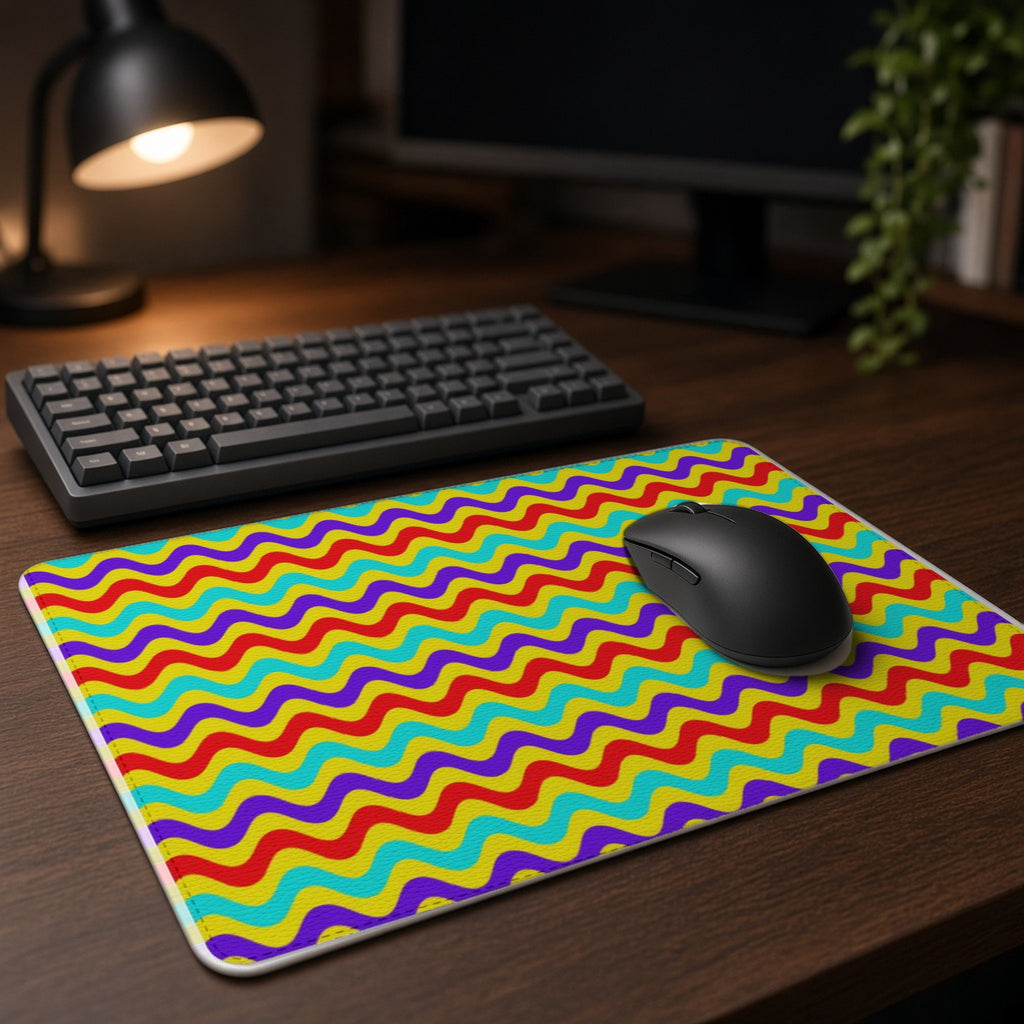 Big Ripple Chevrons vegan leather mouse mat on a dark wood desk with keyboard and lamp