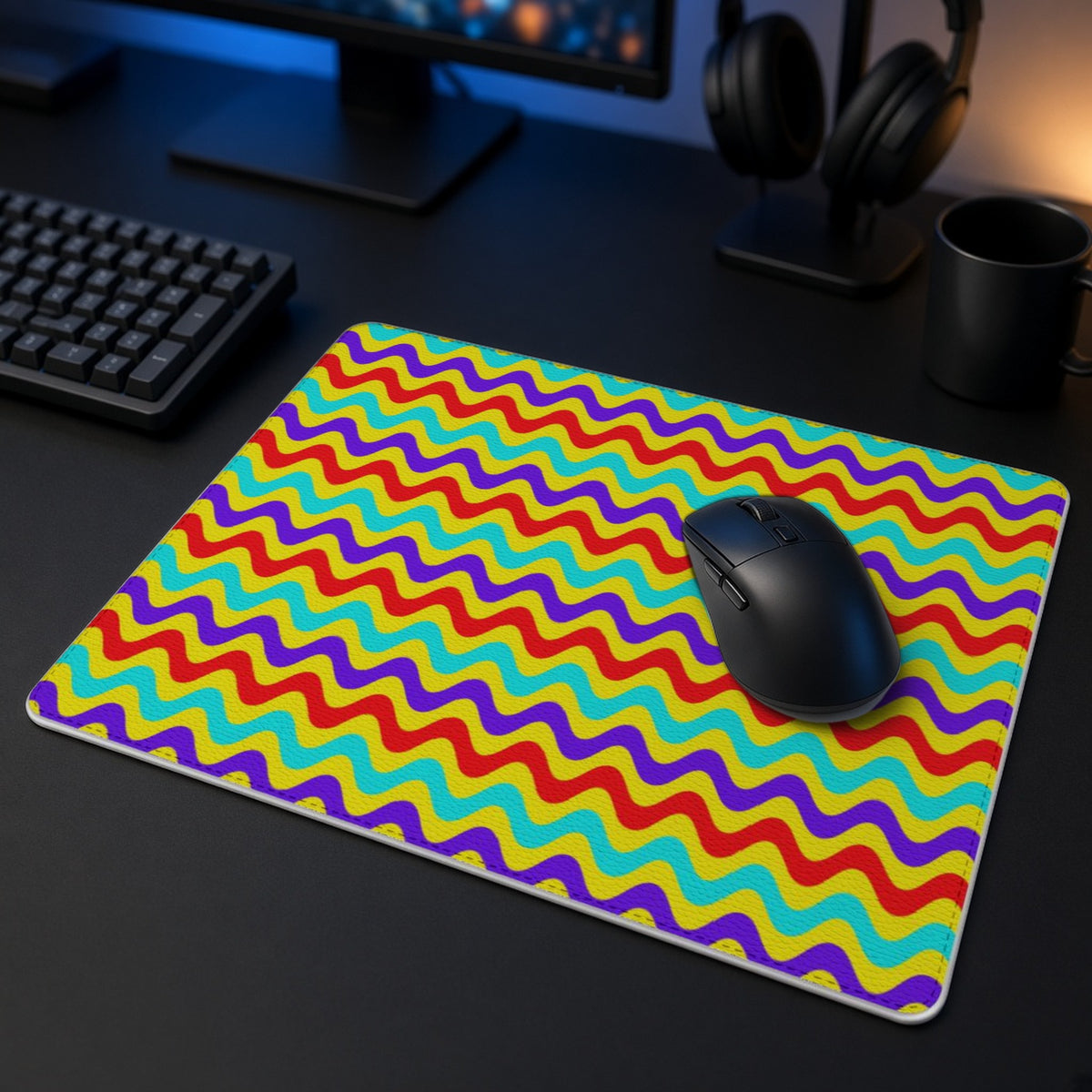 Big Ripple Chevrons vegan leather mouse mat in a dark gaming desk setup with headphones