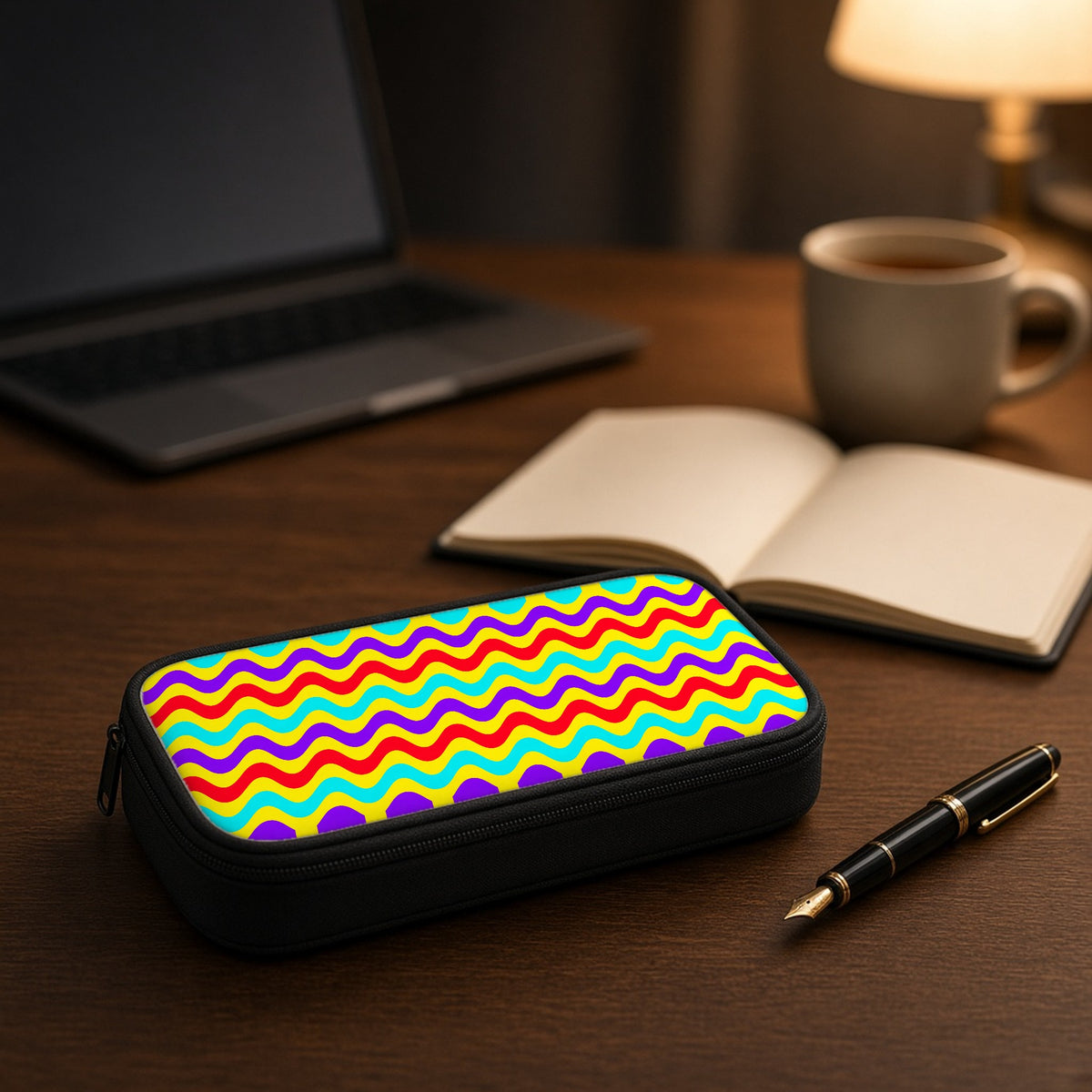 Big Ripple Chevrons pencil case on a wooden desk beside an open notebook and fountain pen