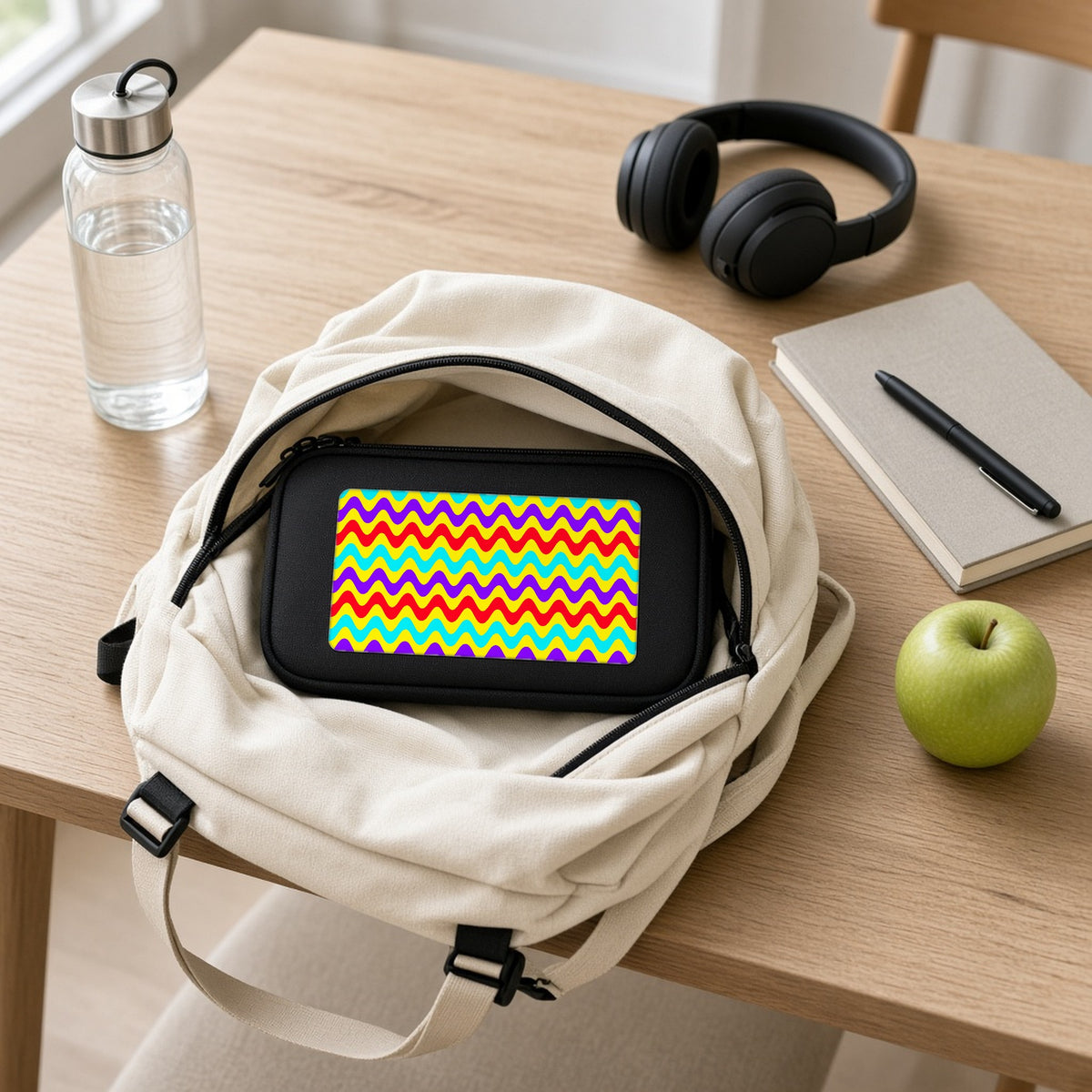 Big Ripple Chevrons pencil case packed in a school backpack with headphones and an apple