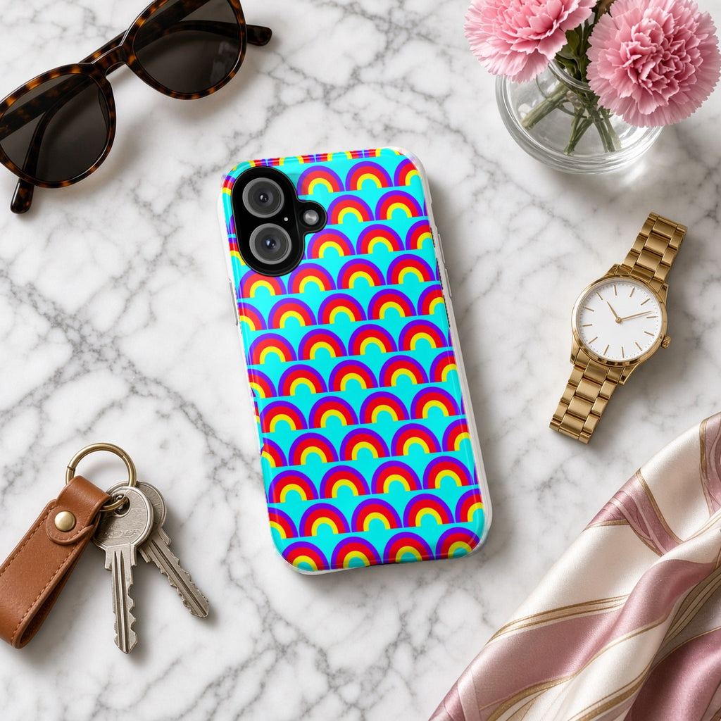 Chromatic Scallop Ripple tough phone case on white marble with a watch, keys and sunglasses