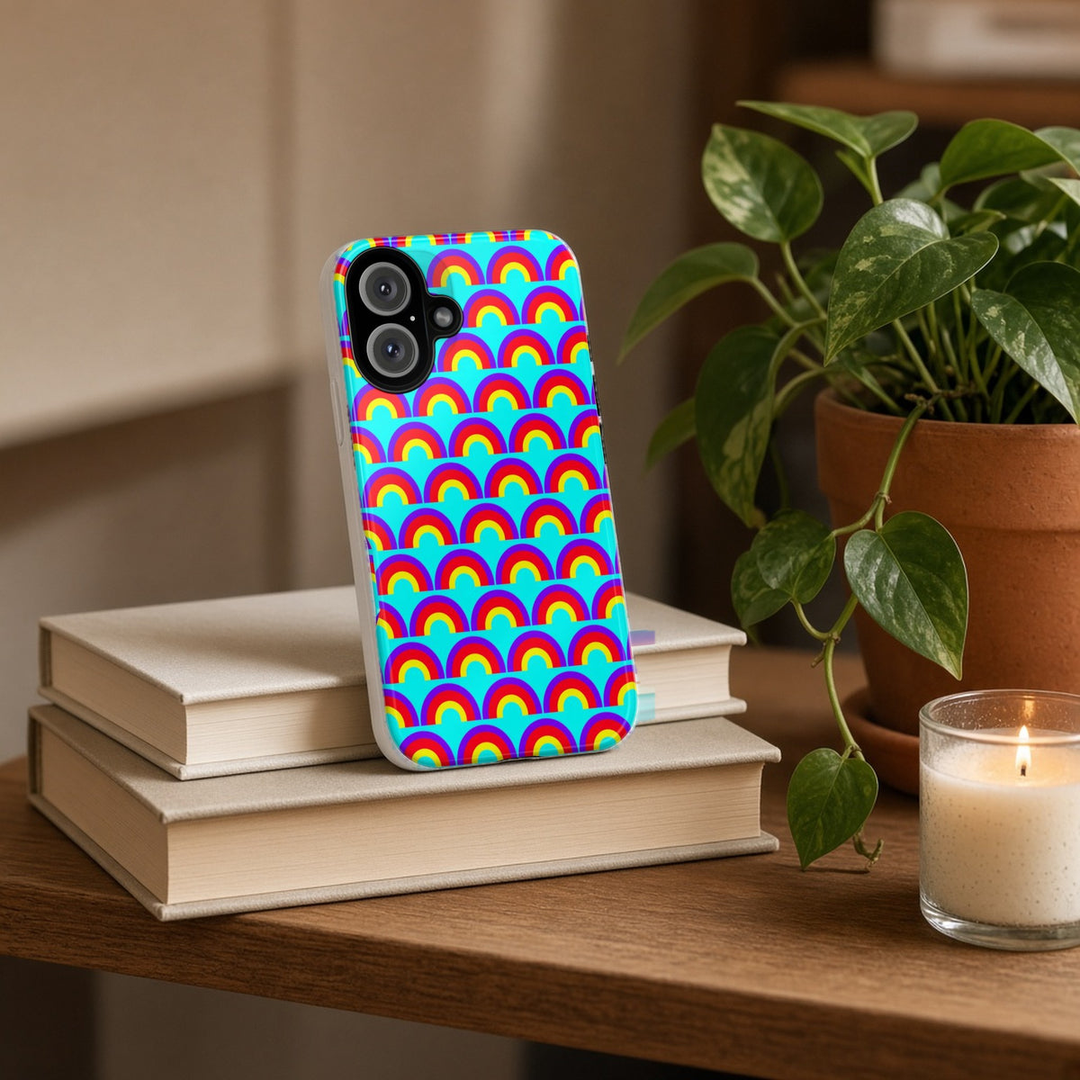 Chromatic Scallop Ripple tough phone case propped on a stack of books beside a plant and candle