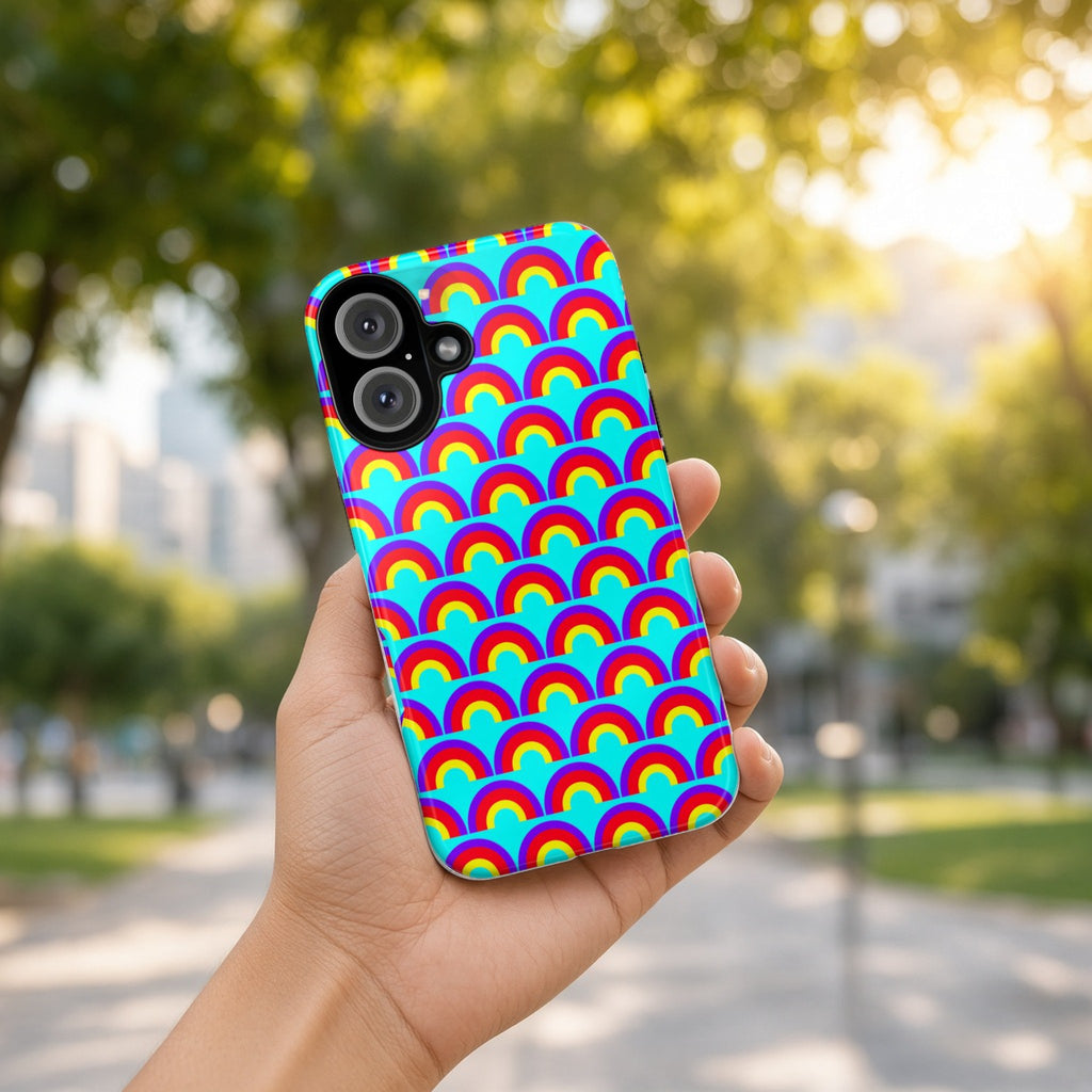 Hand holding the Chromatic Scallop Ripple tough phone case outdoors in a sunny park