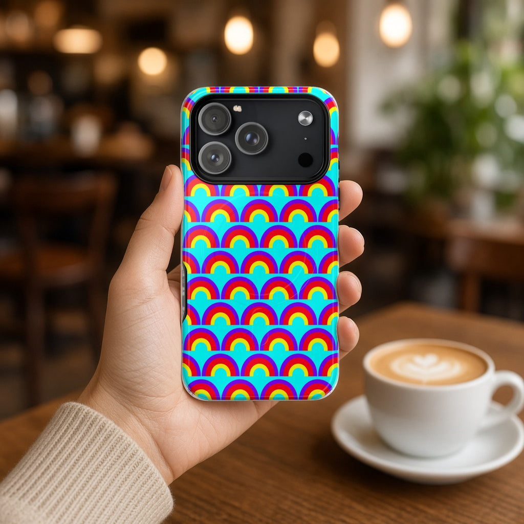 Hand holding the Chromatic Scallop Ripple magnetic iPhone case in a cafe beside a latte