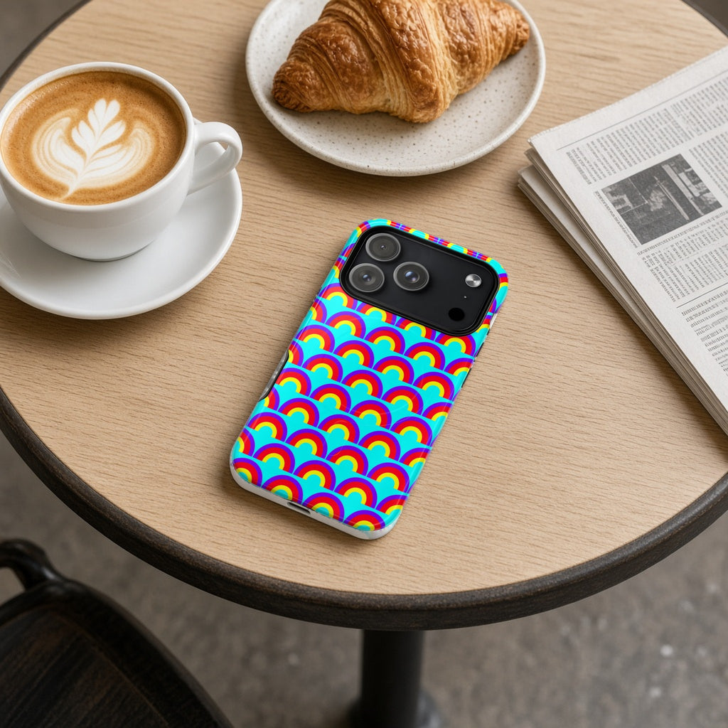 Chromatic Scallop Ripple magnetic iPhone case on a cafe table with a latte, croissant and newspaper
