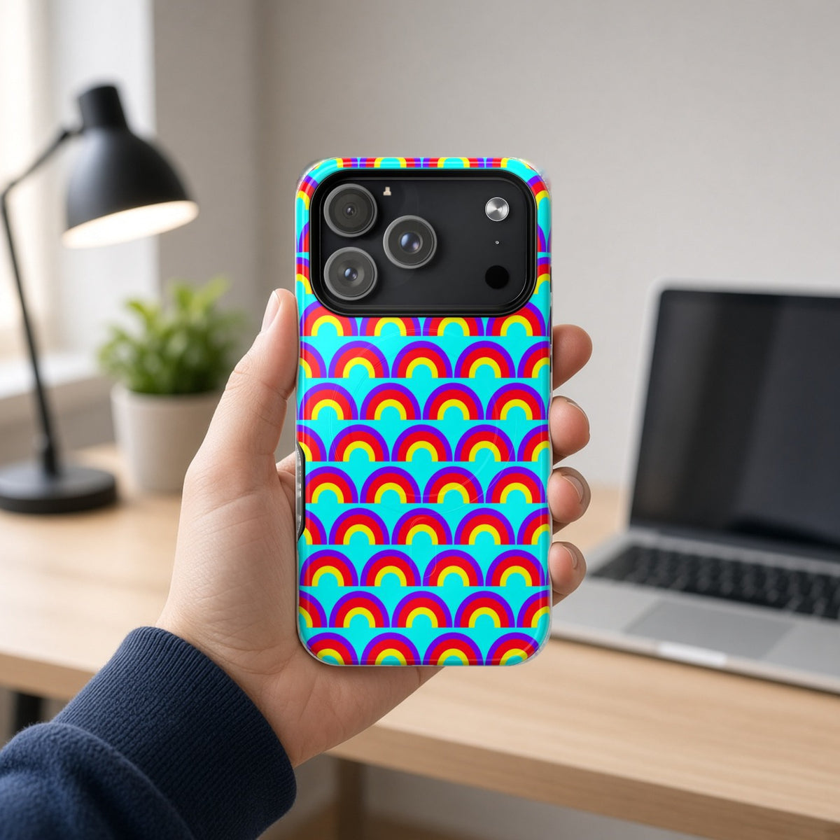 Hand holding the Chromatic Scallop Ripple magnetic iPhone case at a home office desk