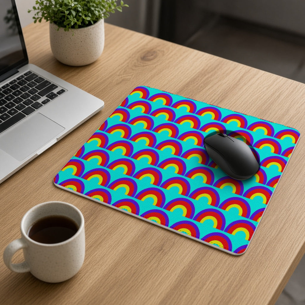 Chromatic Scallop Ripple vegan leather mouse mat on an oak desk with a laptop, mouse and coffee