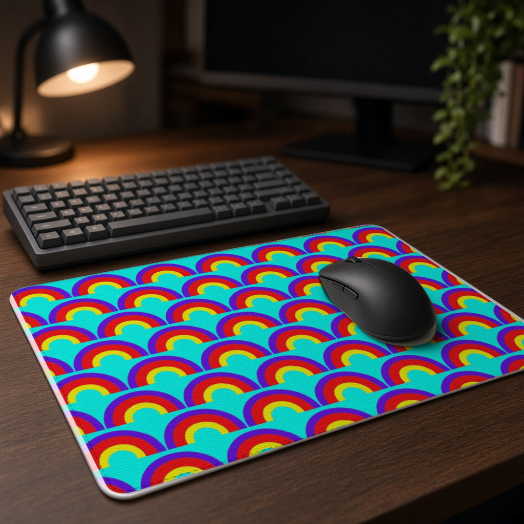 Chromatic Scallop Ripple vegan leather mouse mat on a dark wood desk with keyboard and lamp