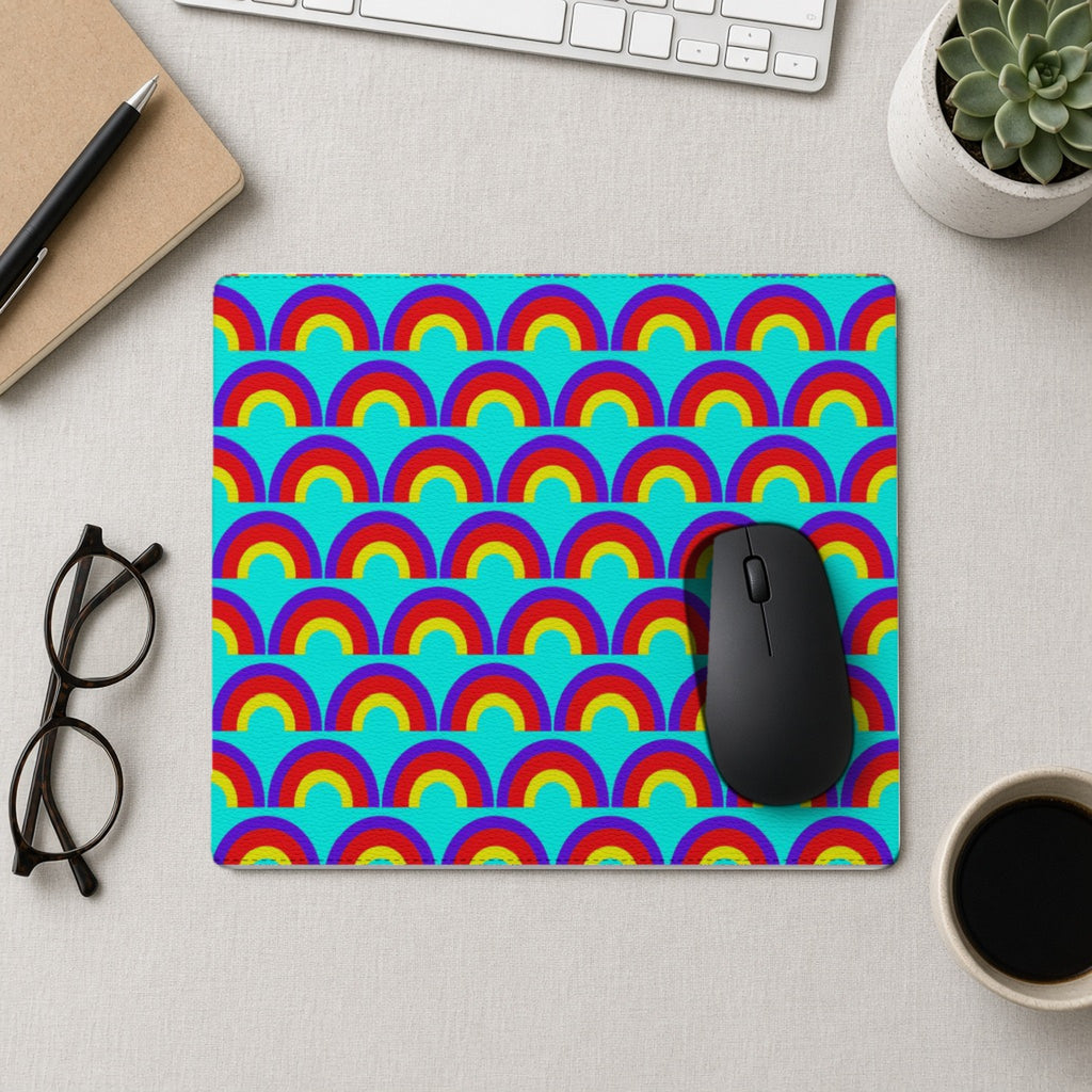 Chromatic Scallop Ripple vegan leather mouse mat from above with a mouse, notebook and glasses