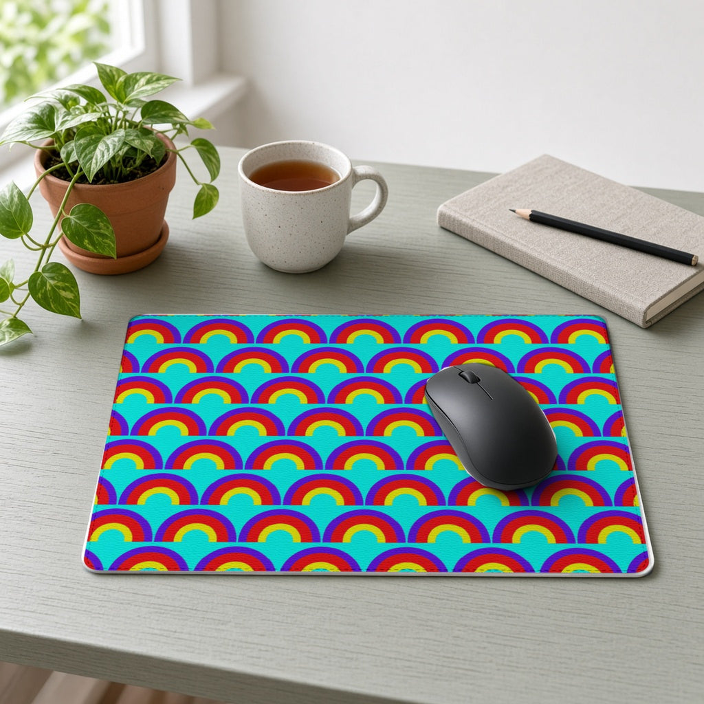 Chromatic Scallop Ripple vegan leather mouse mat on a sage-green desk with a plant, tea and notebook