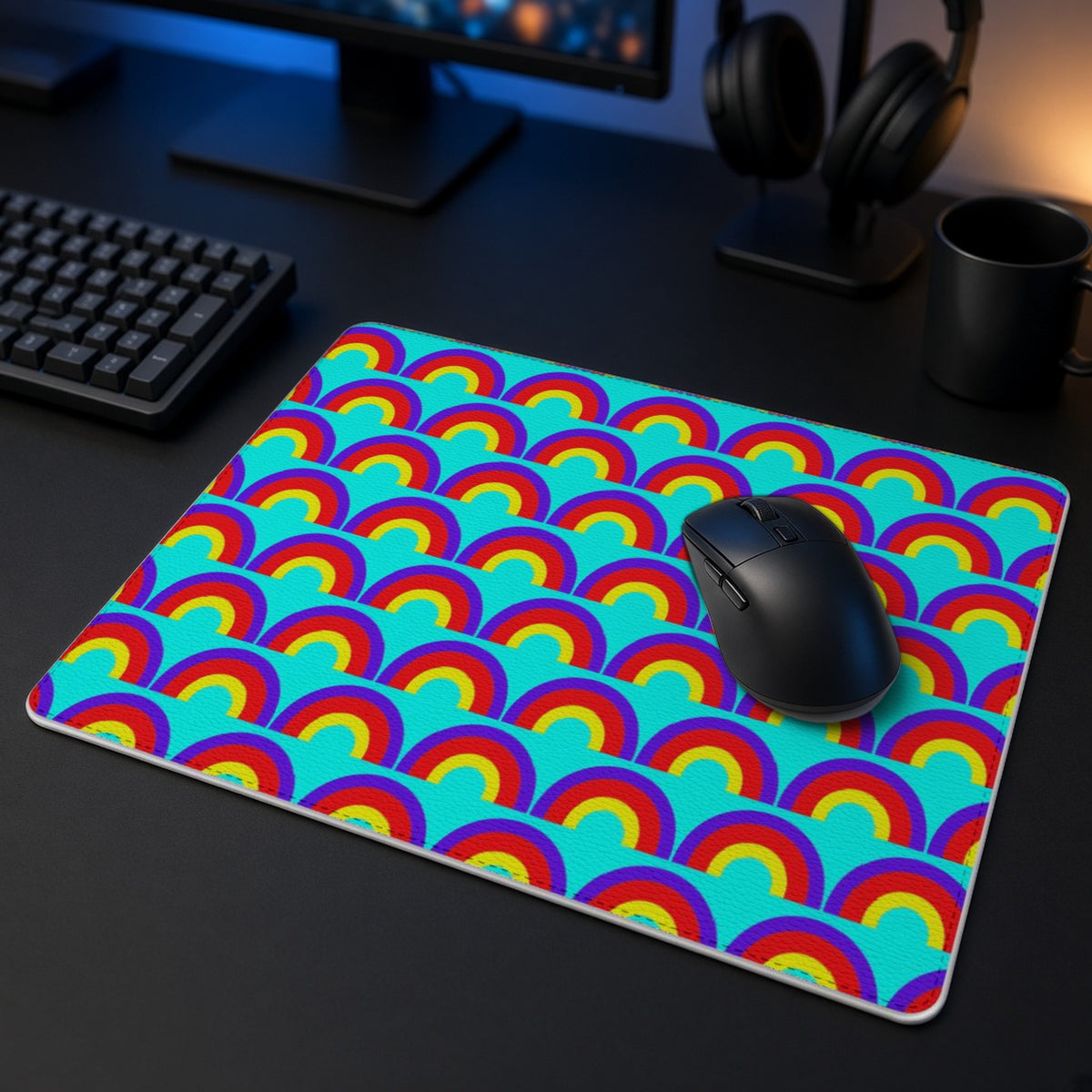 Chromatic Scallop Ripple vegan leather mouse mat in a dark gaming desk setup with headphones