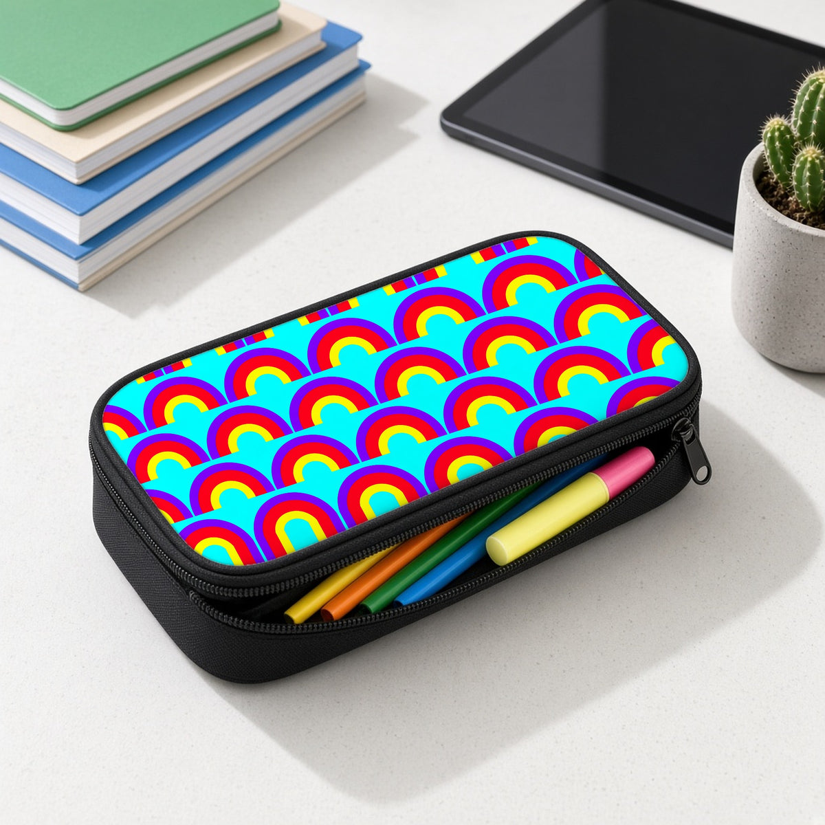 Chromatic Scallop Ripple pencil case open with colourful pens and highlighters on a white desk