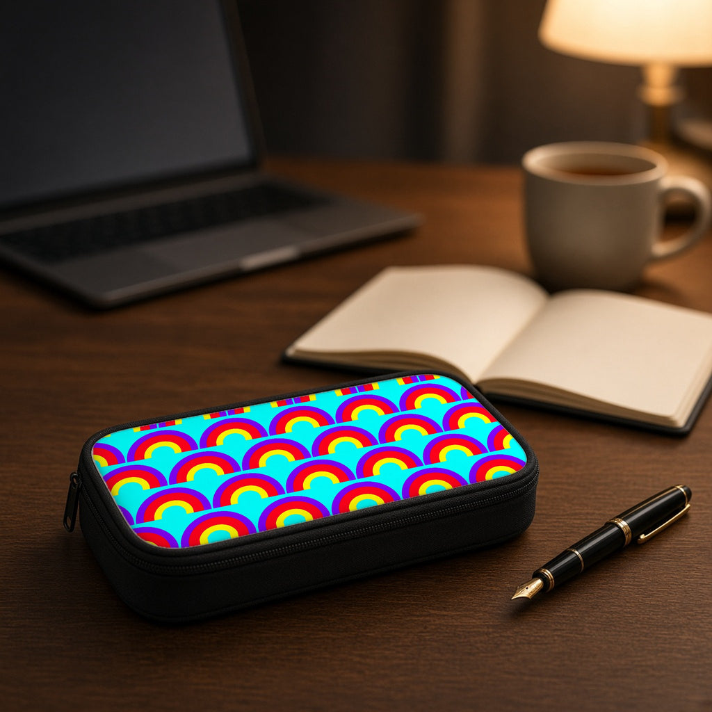 Chromatic Scallop Ripple pencil case on a wooden desk beside an open notebook and fountain pen
