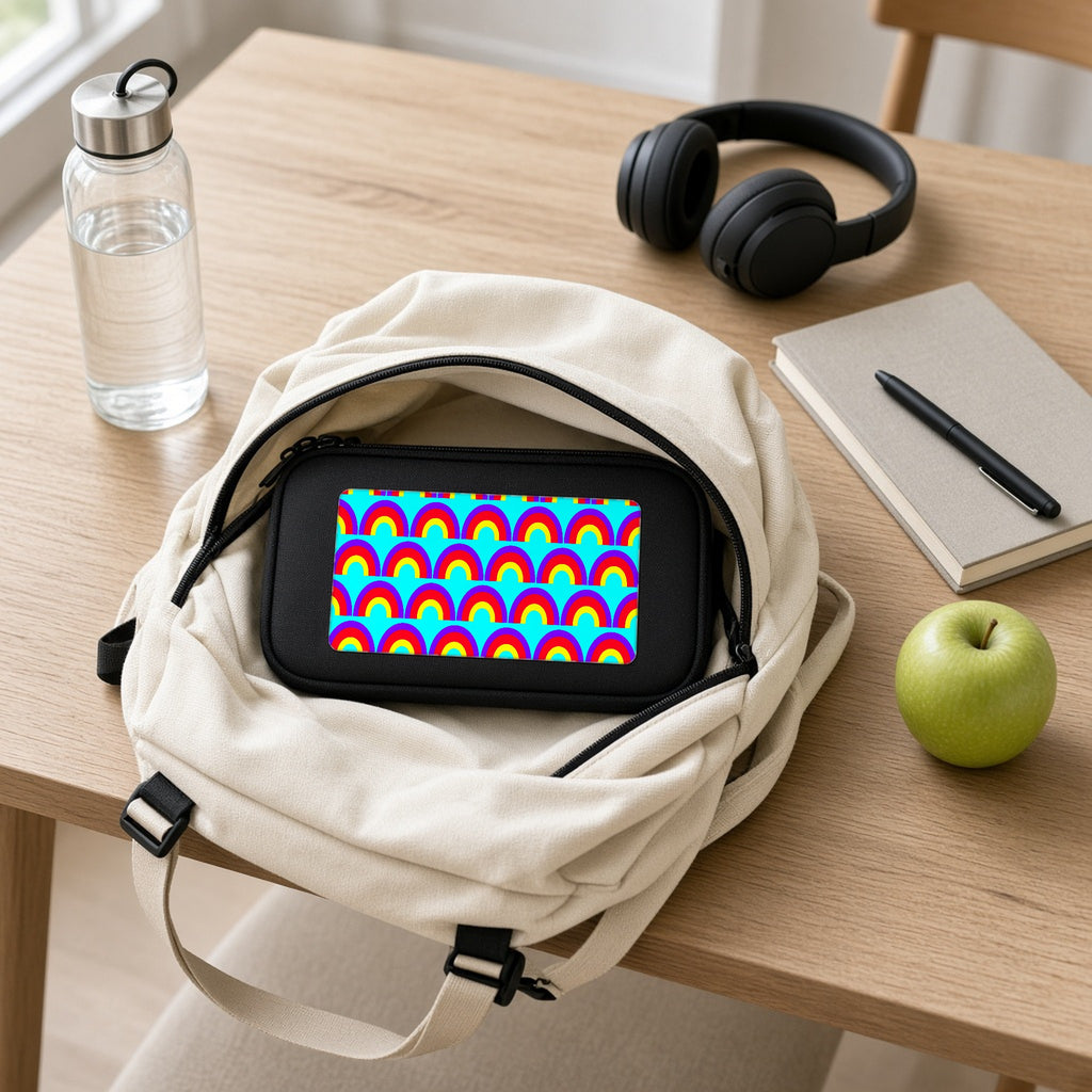 Chromatic Scallop Ripple pencil case packed in a school backpack with headphones and an apple