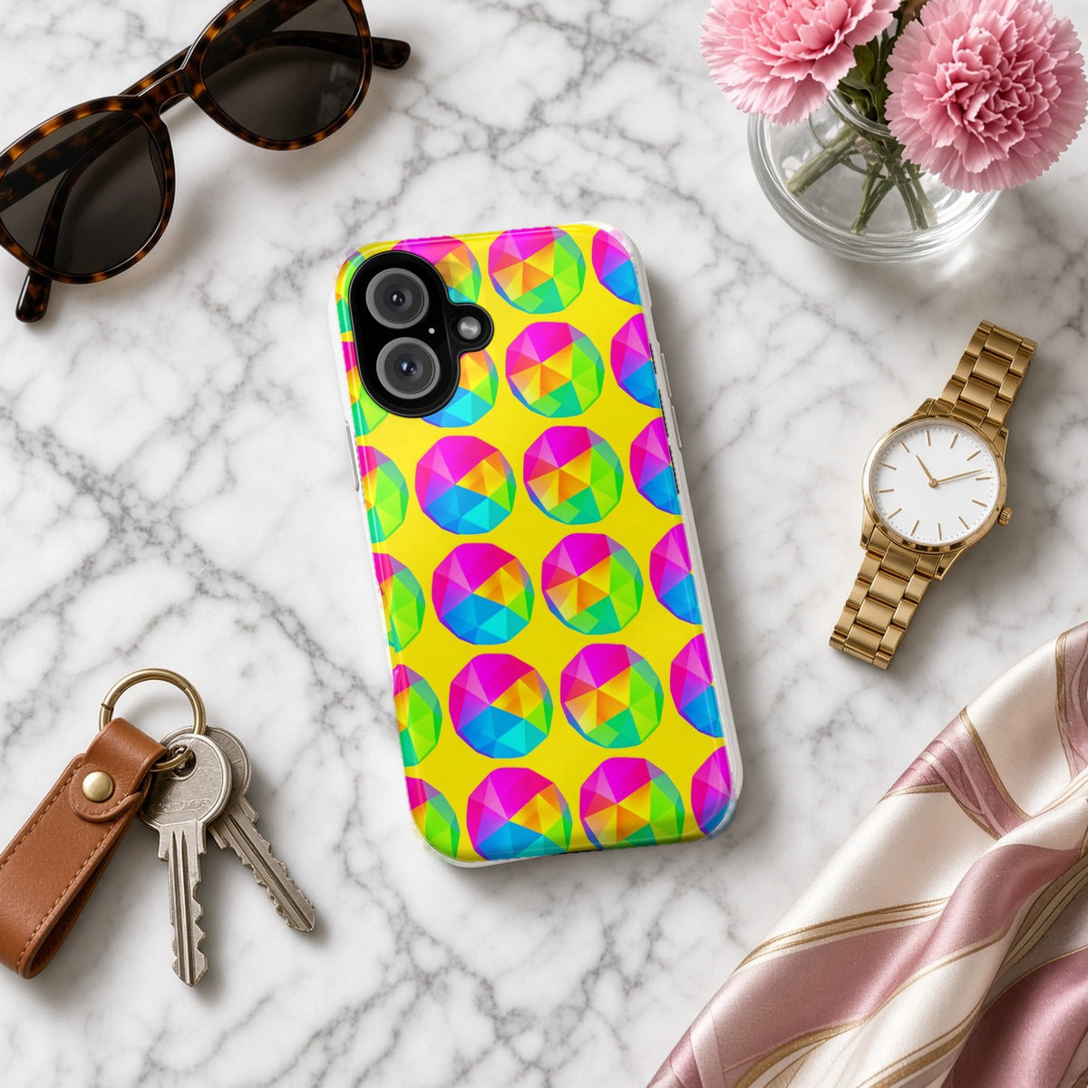 Holo Pebble Prisms tough phone case on white marble with a watch, keys and sunglasses