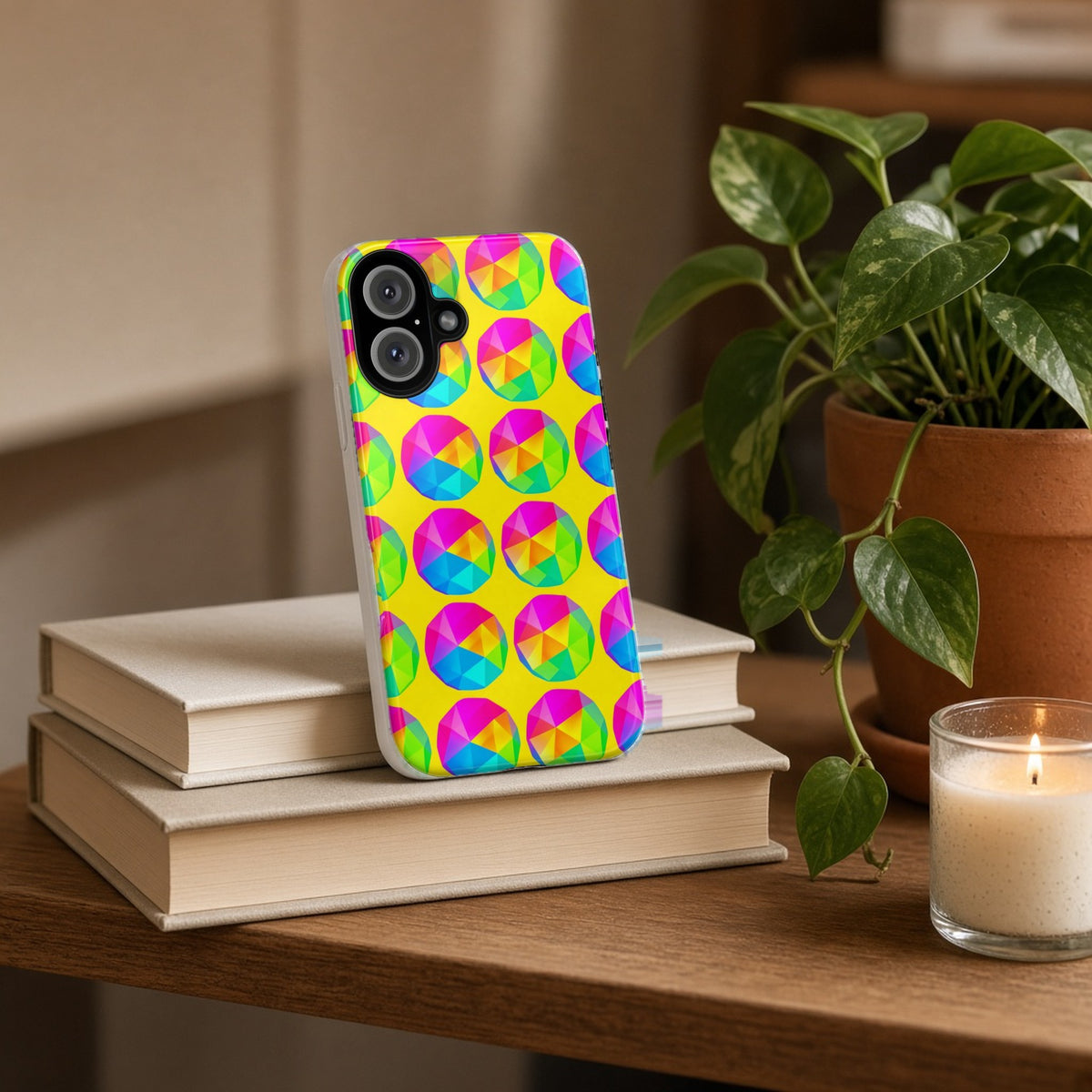 Holo Pebble Prisms tough phone case propped on a stack of books beside a plant and candle